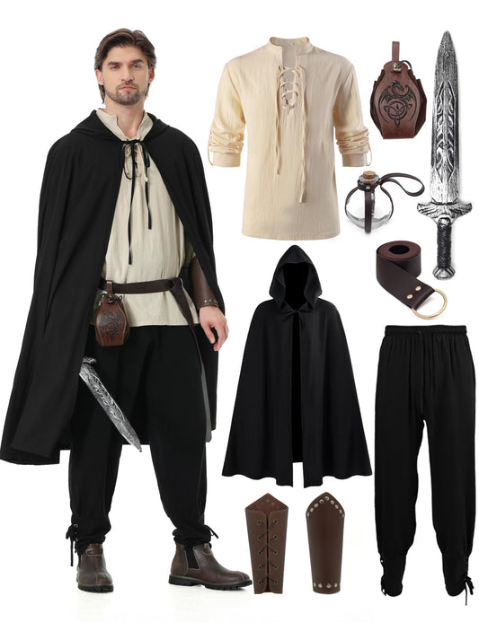 Dzorim 9Pcs Costume Medieval Homme Vêtements Médiévaux Costume pour Hommes Deguisement Medieval Viking Pirate Homme Costumes Renaissance pour Hommes avec Chemise, Pantalon