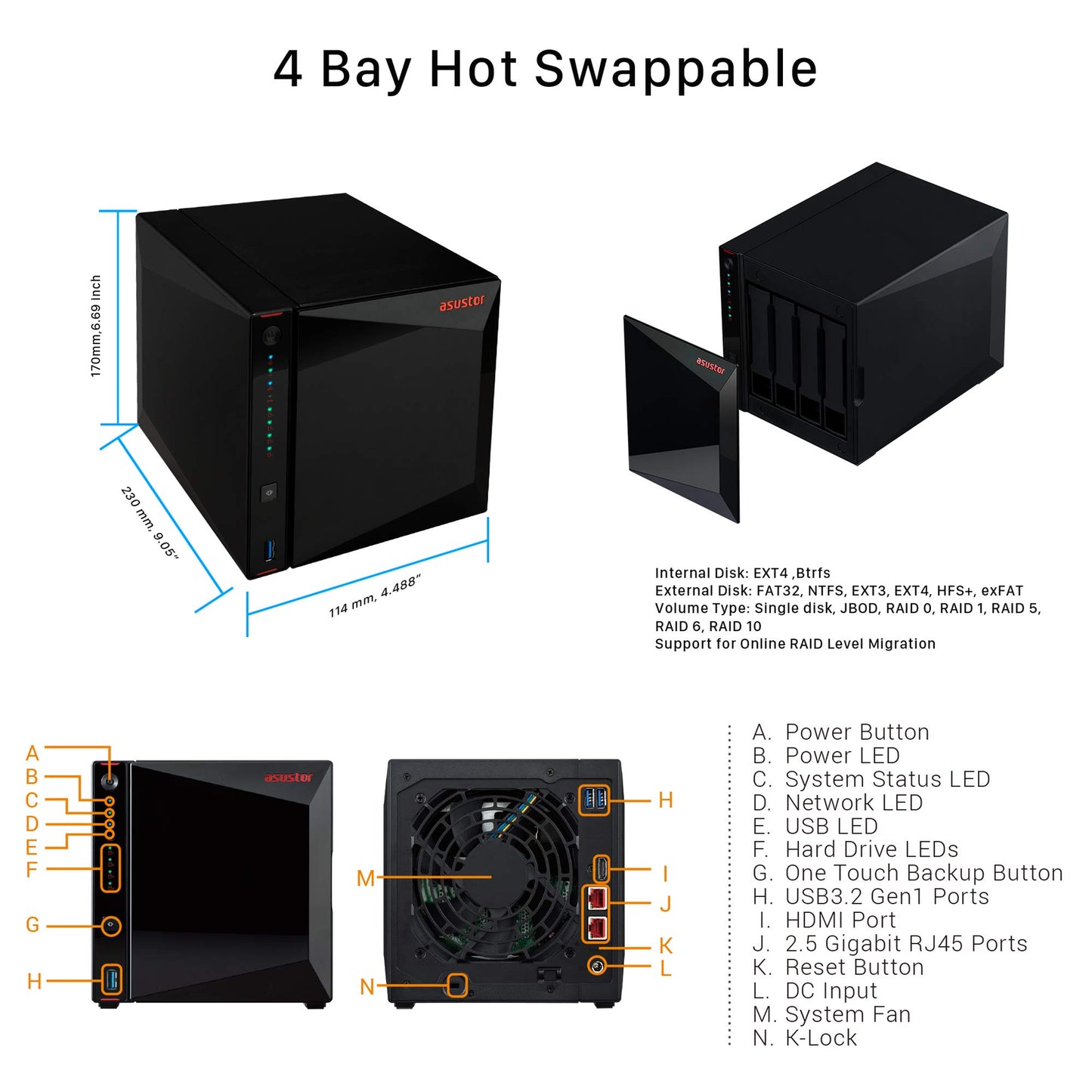 Asustor NIMBUSTOR 4 AS5304T 4 Bay NAS Bureau Boîtier Quad Core 1.5 GHz CPU, 4 Go RAM DDR4, sans Disque