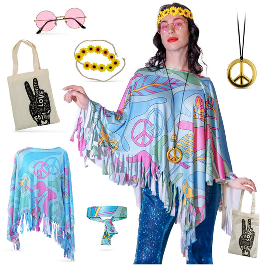 Festicy Deguisement Hippie Femme avec Poncho I Bandeau Hippie avec tournesols, sac hippie, lunette hippie I Deguisement carnaval femme I Tenue annee 70 I Costume hippie femme I Edition 2025