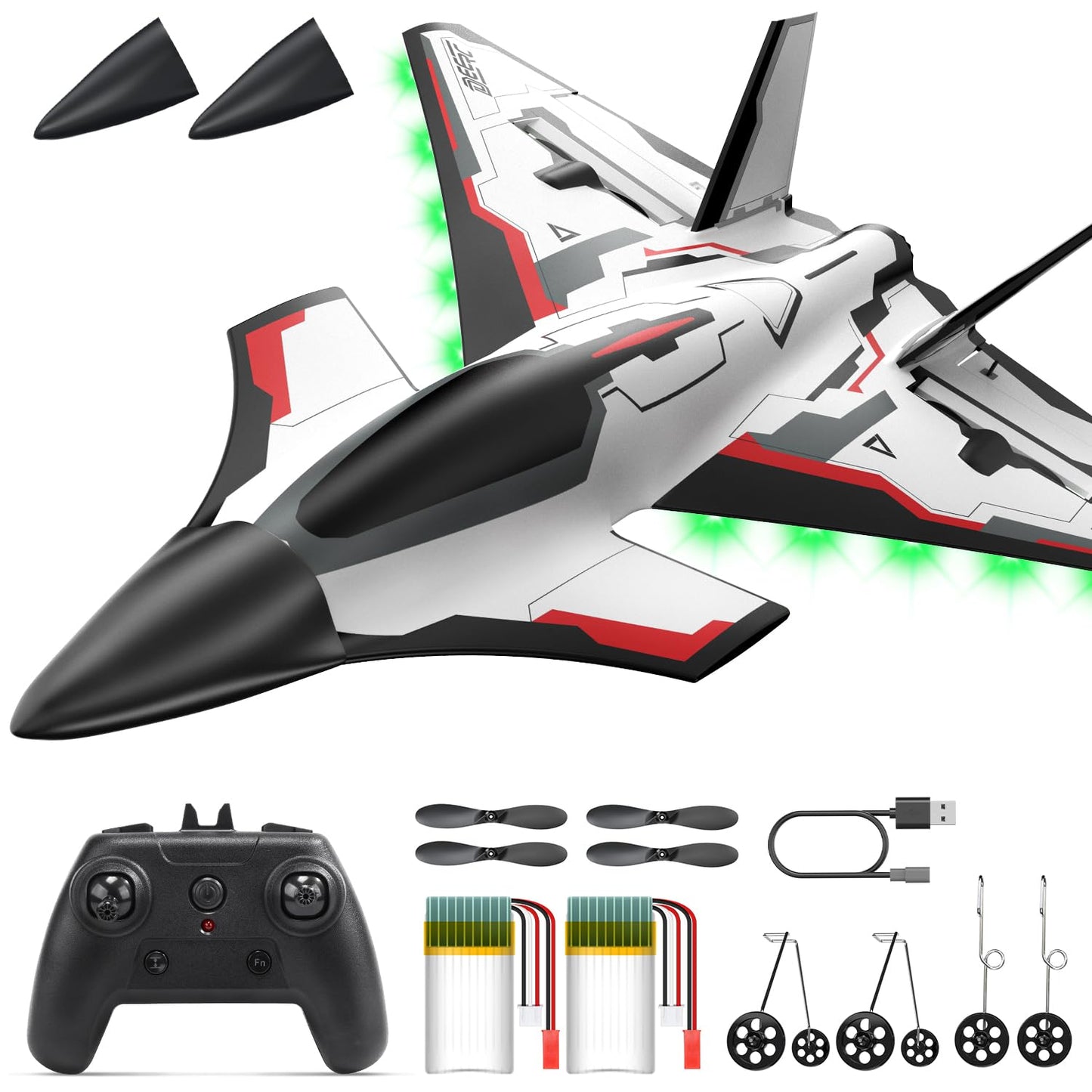 DEERC Avion RC Future à 4 canaux avec lumières LED, Facile à Piloter, Avion acrobatique, stabilisateur gyroscopique 6 Axes 2.4GHz, Planeur RTF pour Adultes, Enfants, débutants et garçons.