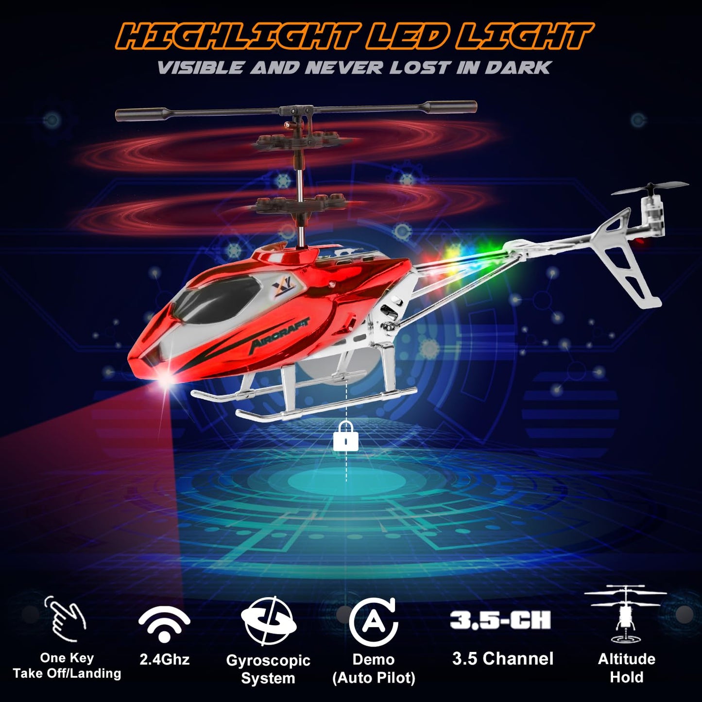 TERRAMUS Hélicoptère RC, Hélicoptère Télécommandé 2.4G avec Lumière LED, à Maintien d'altitude avec Gyroscope, Décollage par Une Seule Touche, Avions d'intérieur pour Les Enfants Adulte