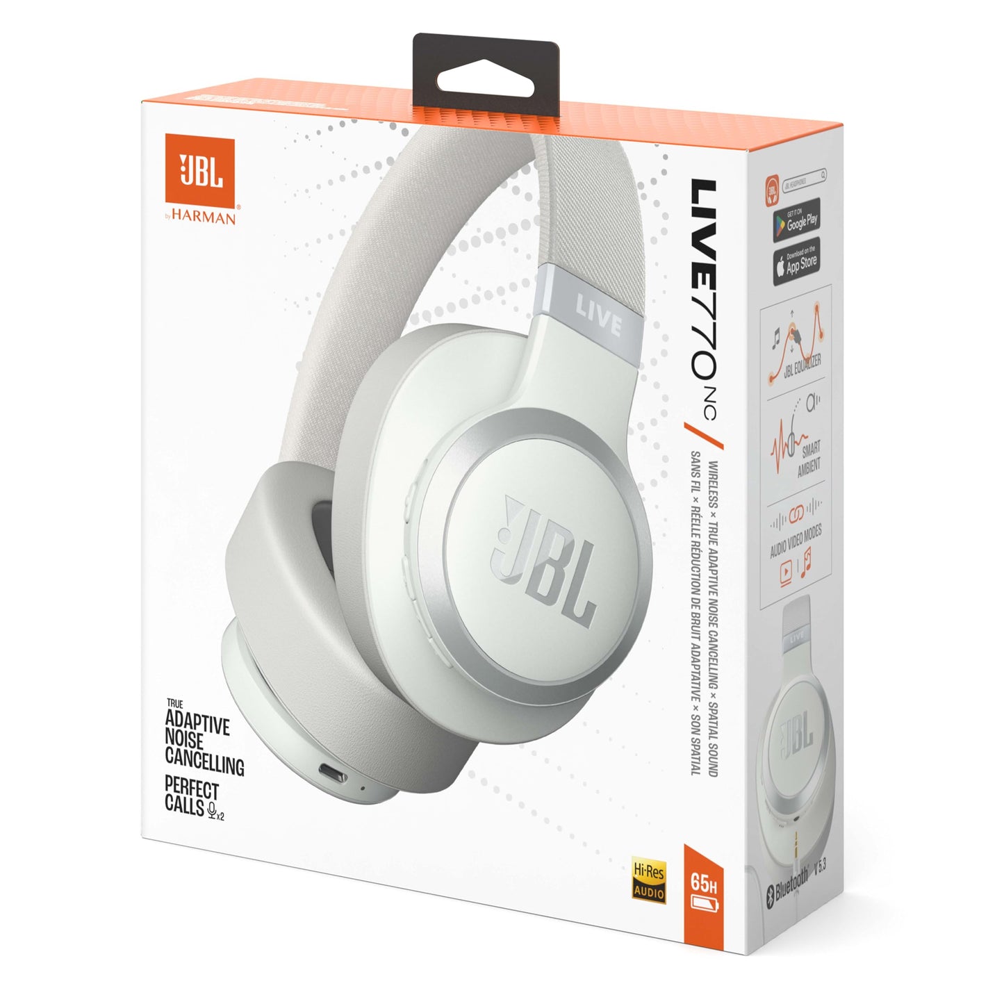 JBL Live 770NC Casque circum-auriculaire, Réduction de Bruit Adaptative, Smart Ambient, jusqu'à 65 heures d'autonomie, blanc