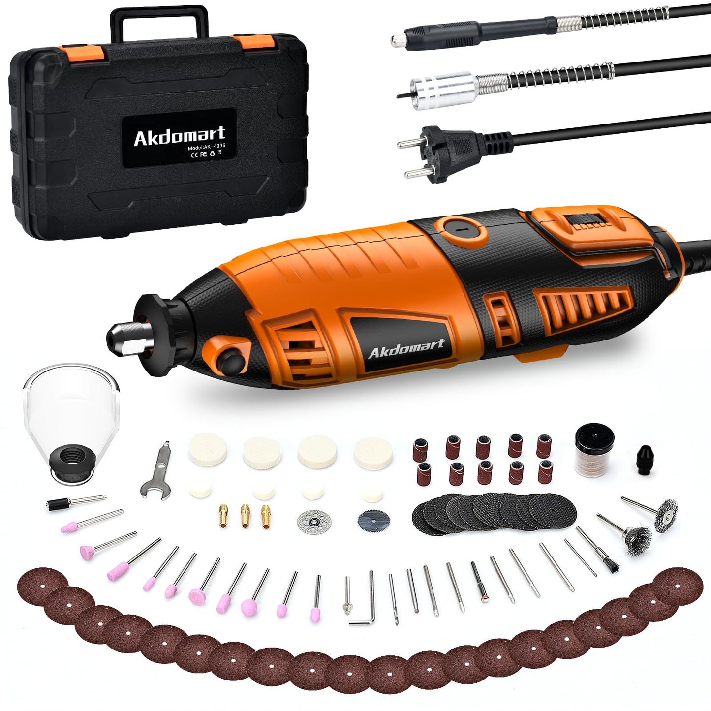 Akdomart Outils Rotatifs Multifonction, 200W Kit Outil Rotatif, outil multifonction avec 135 accessoires, 6 vitesses réglables, 8 000 à 35 000 tours/min, pour graver, percer, couper, meuler