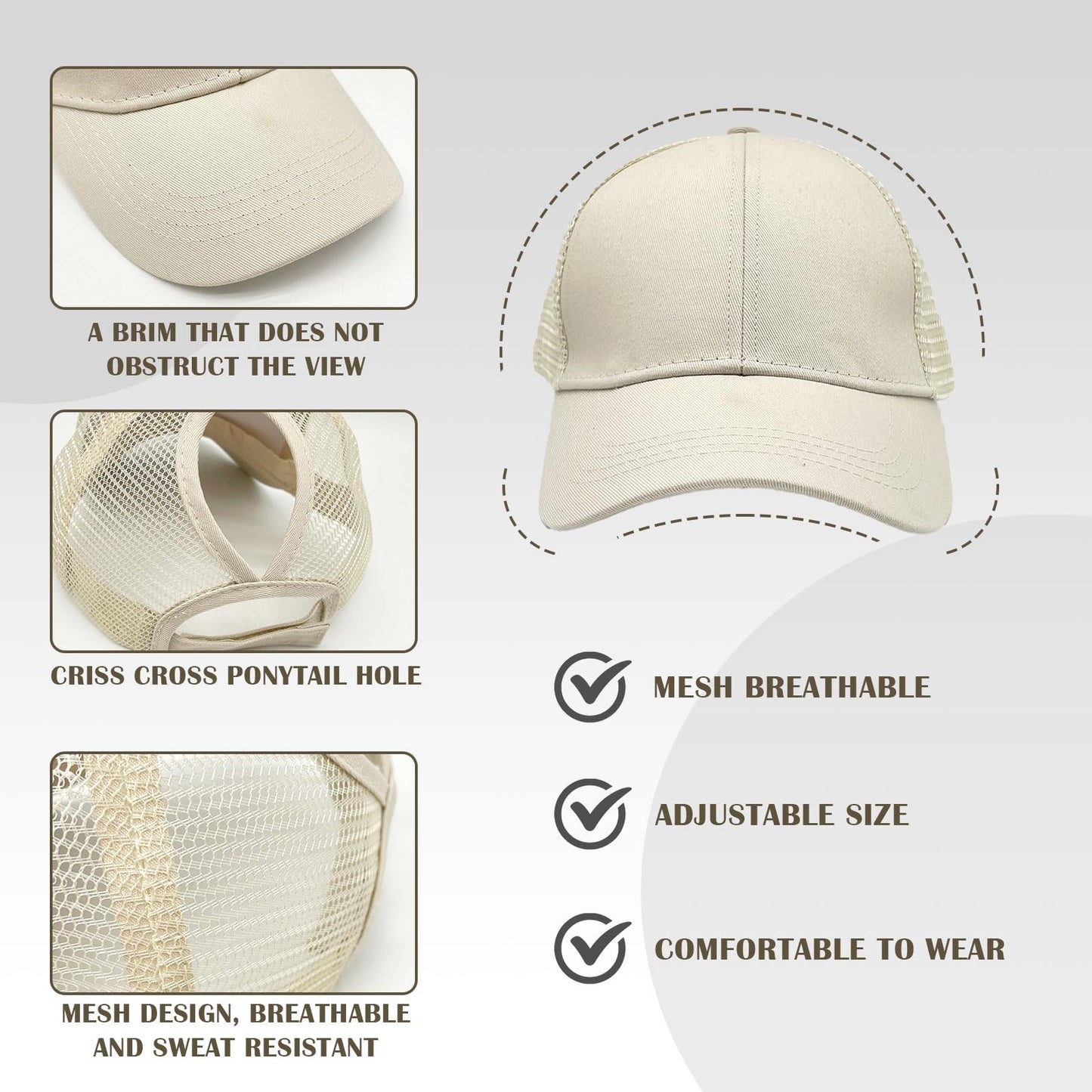 FUIPVGI Casquette de Baseball Femme Queue de Cheval été Réglable Casquette Femme, Maille Respirante Casquette Running Chapeau Soleil pour Running Golf Cyclisme (FR/ES, Numérique, 54, 60, Beige)