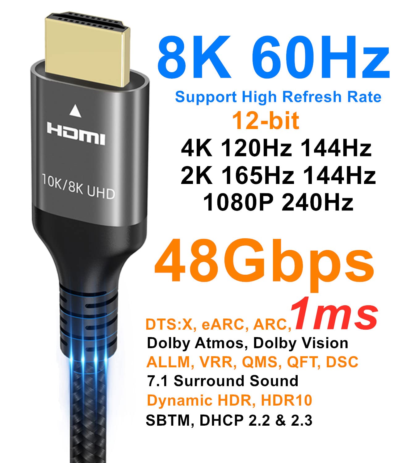 Ubluker 10K 8K 4K Câble HDMI 48Gbps 2M, Certifié Ultra Haut Débit HDMI® Cable 4K 240Hz 144Hz 120Hz 8K60Hz 0,01ms HDR10+ ARC eARC HDCP2.3 Netflix Roku TV PC Monitor Projecteur PS5 Xbox