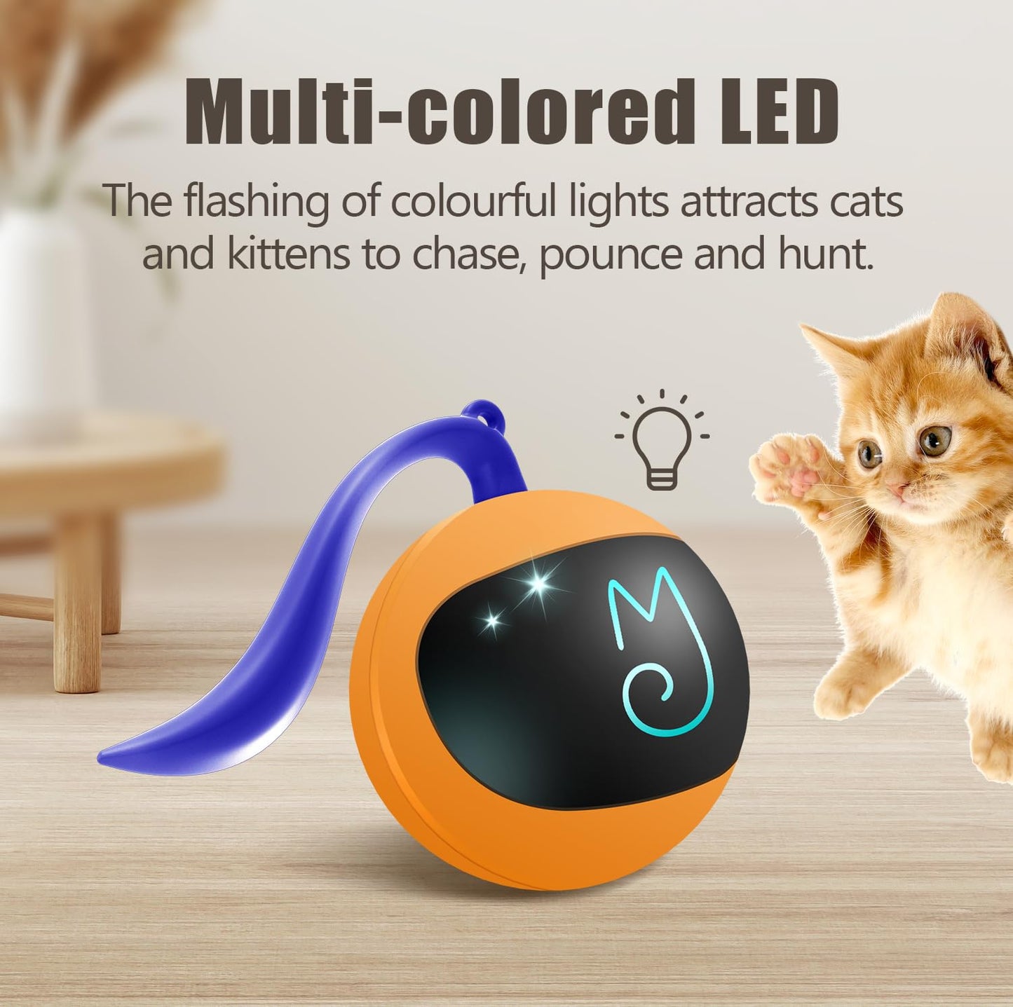 Migipaws Ensemble de Jouets interactifs pour Chat, traqueur Amusant, Balle de Poursuite Automatique à Rouler avec Queue Moelleuse, Une Petite Souris, Rechargeable (Orange)