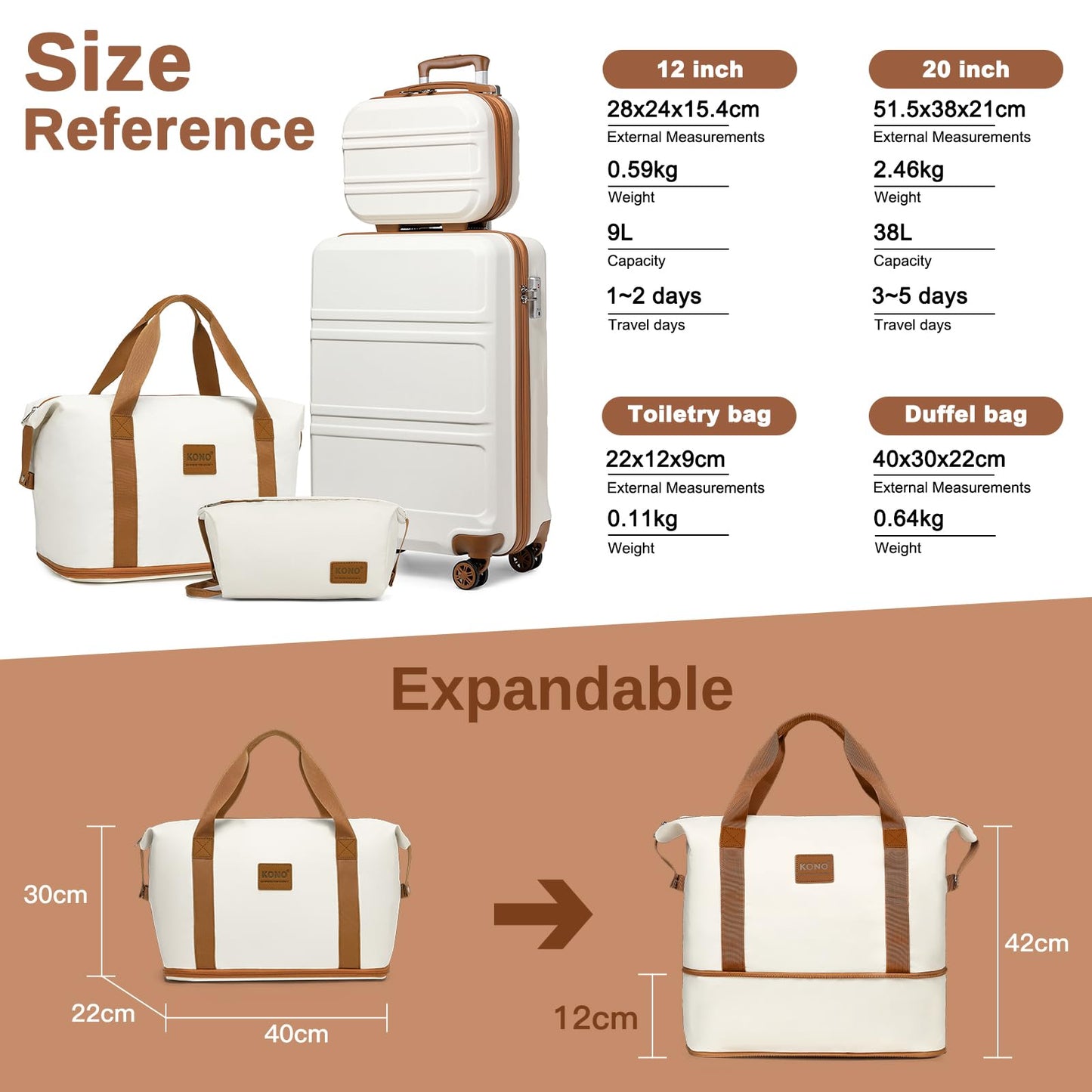 Kono Set de 4 Valises de Voyage Rigide Bagage Cabine 55cm avec Portable Vanity Case et Pliable Sac de Voyage pour Sport avec Trousse de Maquillage, Blanc Crème