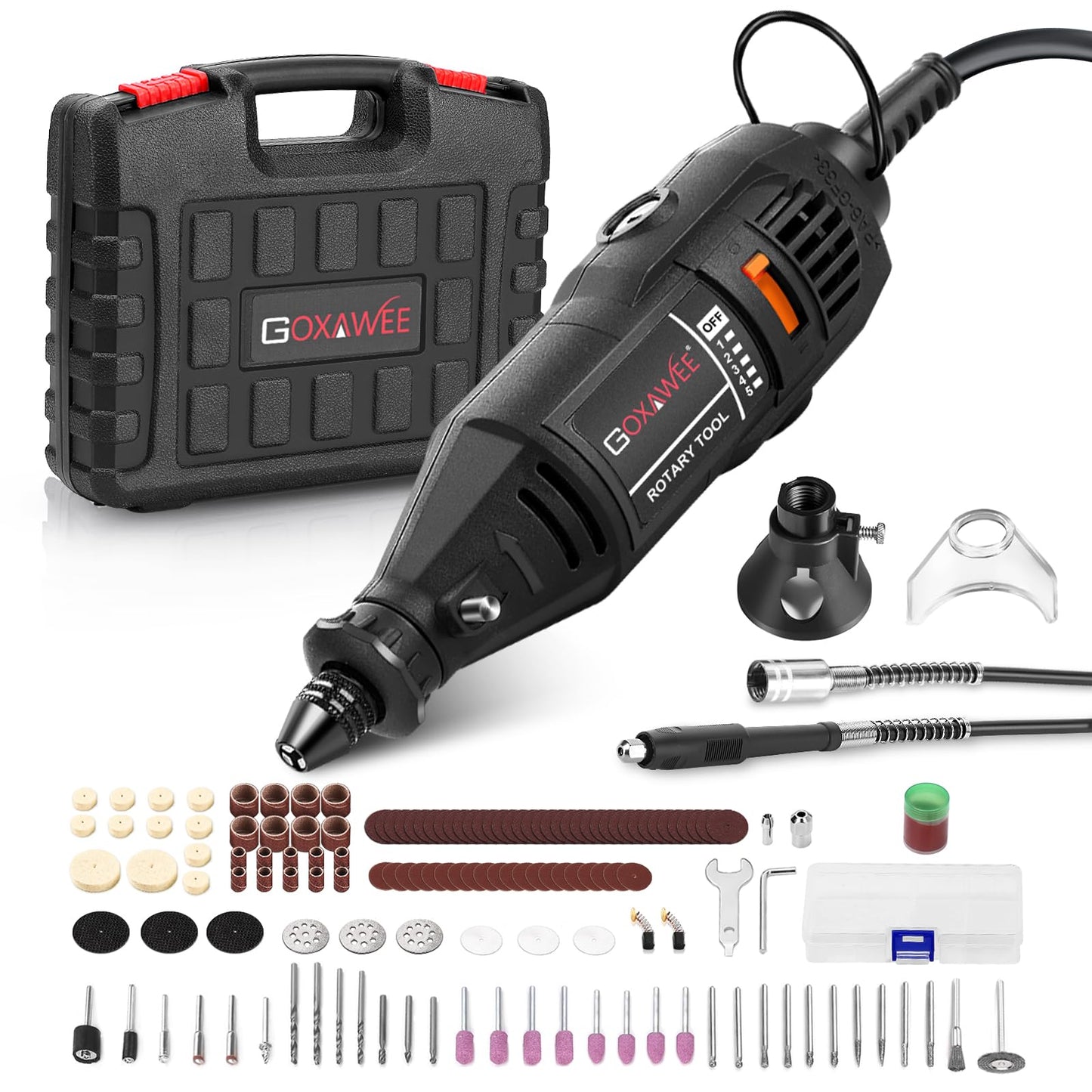 GOXAWEE 130W Outils Rotatifs Multifonction, Vitesse Variable 8000-30000 tr/min, Kit Outil Rotatif électriques Avec 140 Accessoires pour Découper, Poncer, Percer, Sculpter, Polir, Graver, Meuler