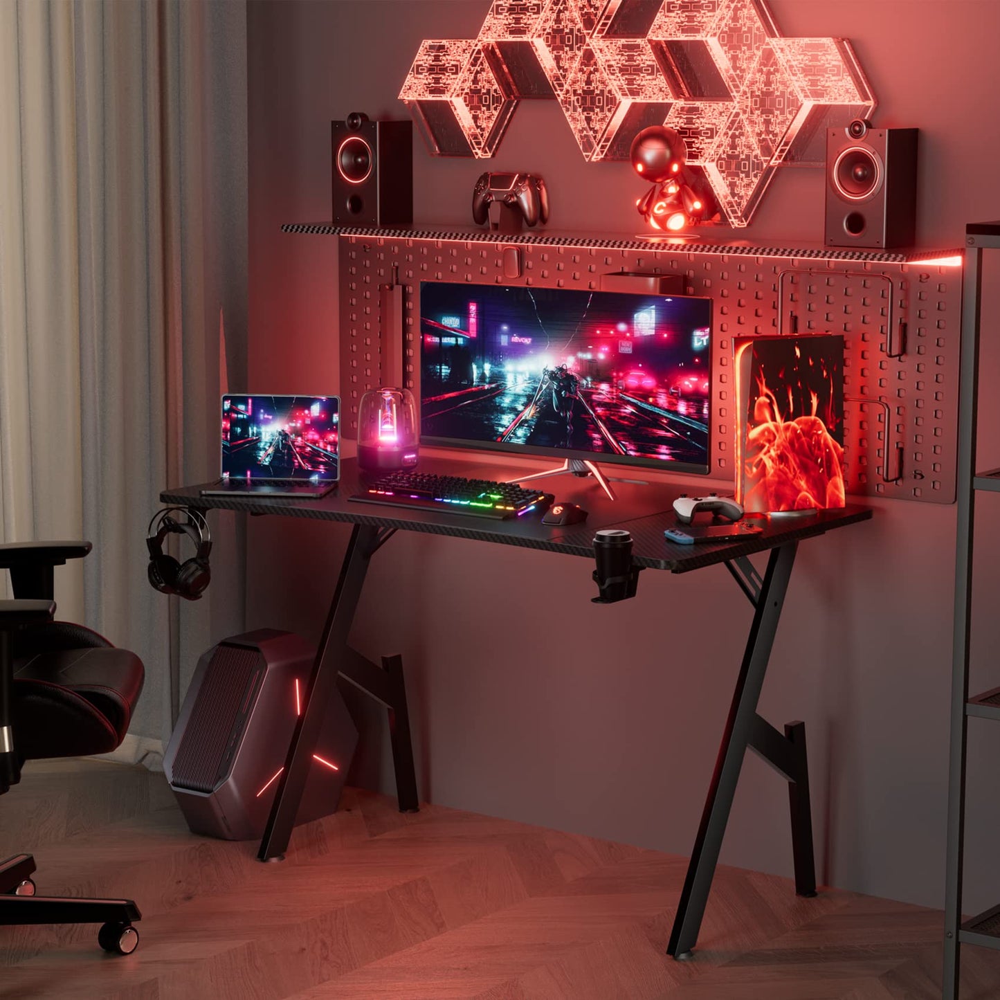 HLFURNIEU 120 x 60 cm Bureau Gaming, Bureau Gamer Informatique Ergonomique, Table Gaming en Fibre de Carbone, Gaming Desk avec Porte Gobelet et Crochet pour Casque, Noir