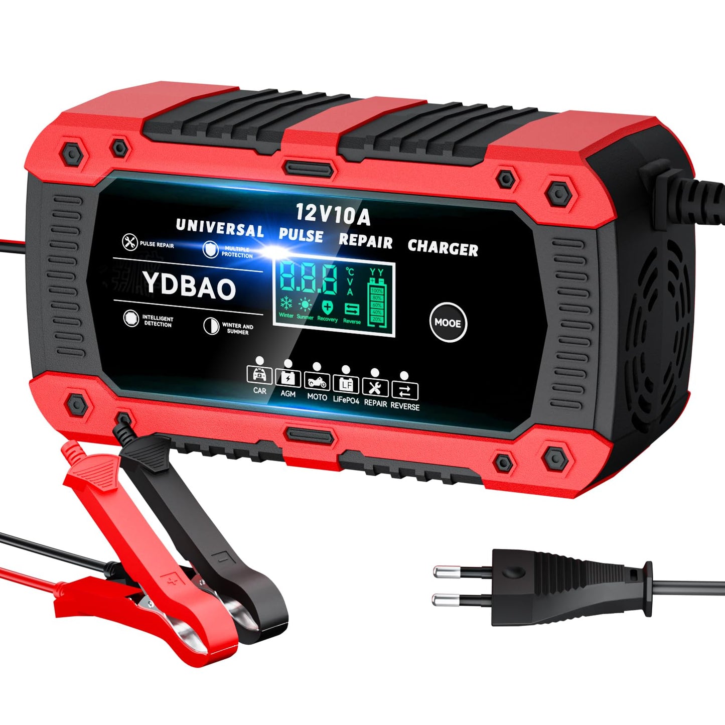 YDBAO Chargeur de Batterie Voiture 12V 10A LiFePO4 Chargeur pour Auto Moto Intelligent avec Réparation Écran LCD 6 Modes pour AGM Gel SLA Wet