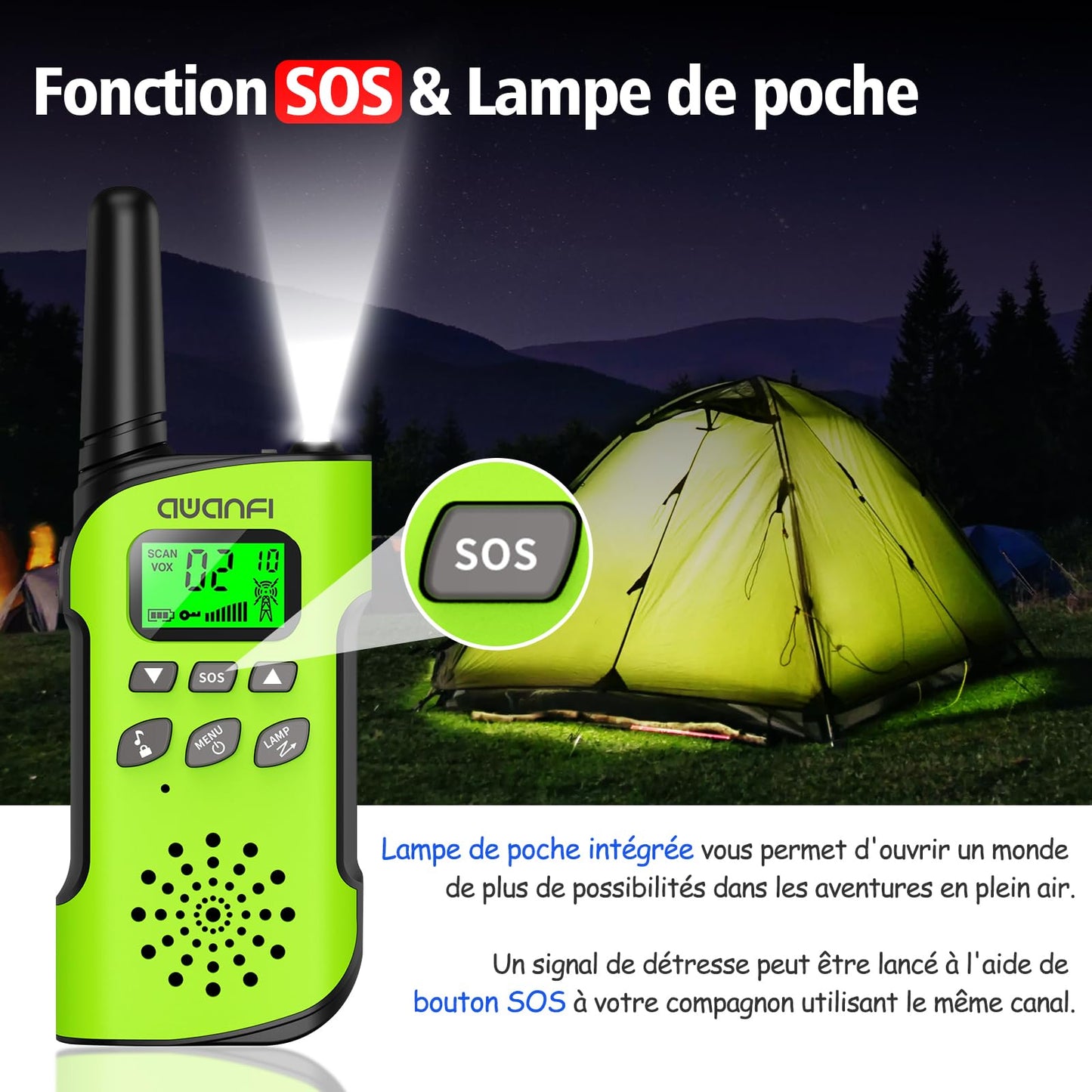 AWANFI Talkie Walkie Rechargeable Enfants Adultes 2 Pièces, Talkie-Walkie Longue Portée Lampe Torche 8 Canaux, Walkie Talkie USB Type C pour Camping, Randoneé, Vélo, Cadeau Jouet pour Fille et Garçon