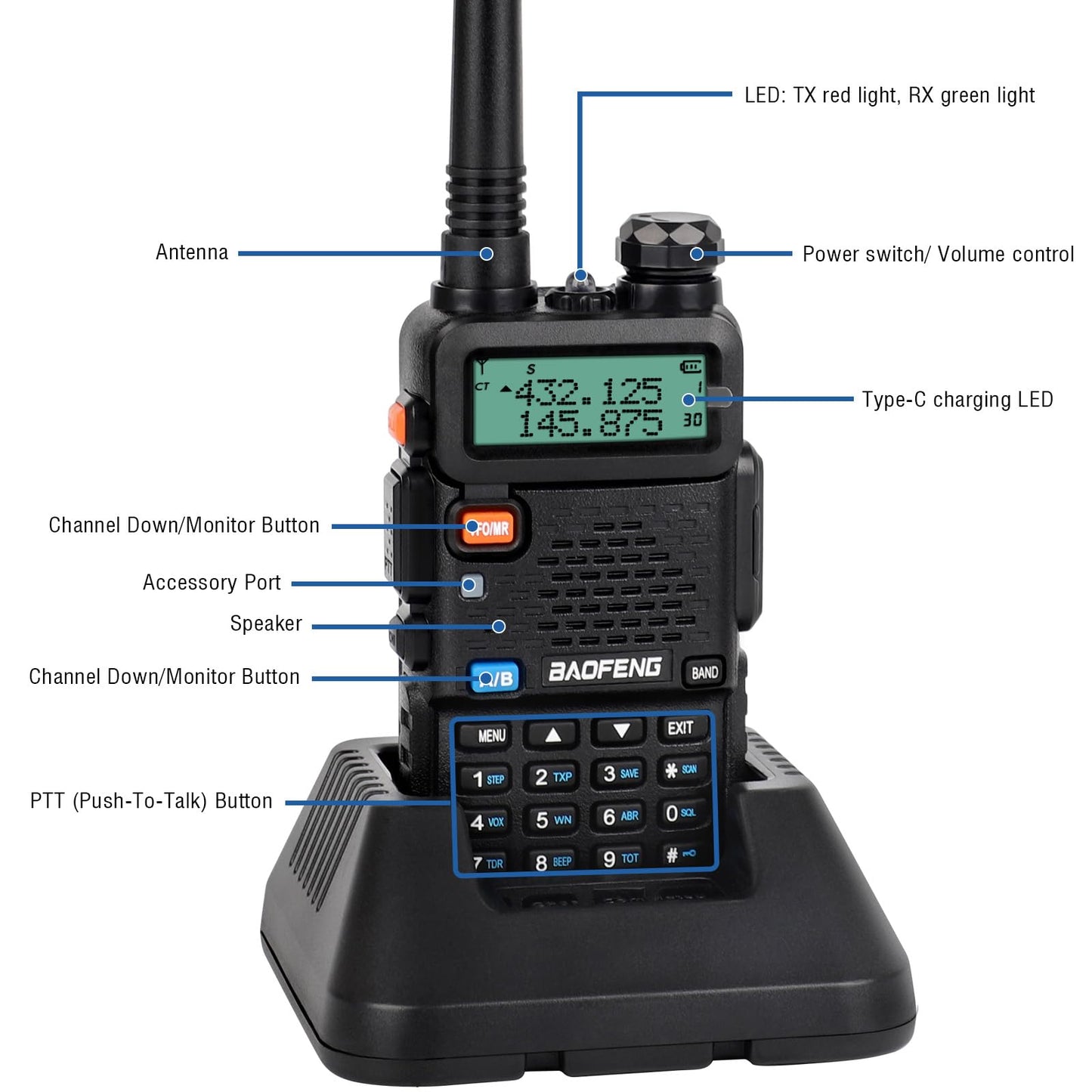 Talkie Walkie Rechargeable 144-146/430-440 MHz, 128 Canaux, VOX CTCSS/DCS, UHF, VHF, FM, Batterie De 1800 MAh, PortéE Maximale De Conversation De 5 à 8 Km, Radio Professionnelle avec Kit Mains Libres