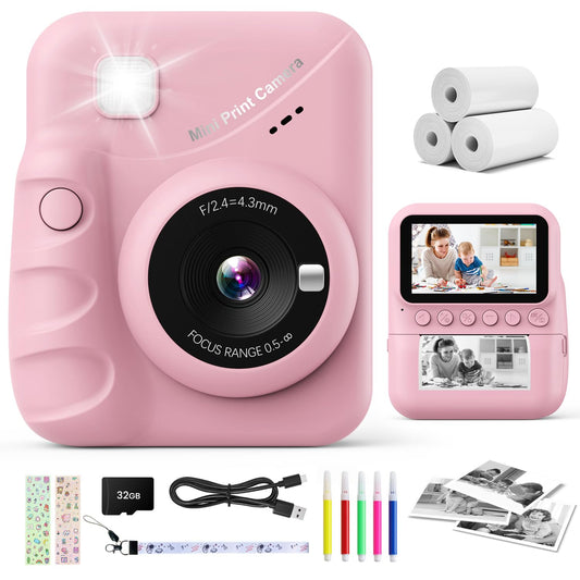 CalineGam Appareil Photo Instantané Enfant, 3,0 Pouces Écran HD 48MP Appareil Photo Enfants avec Carte 32 Go, 1080P Appareil Photo Jouet Cadeau pour Garçons Filles de 3 à 12 Ans (Rosa)