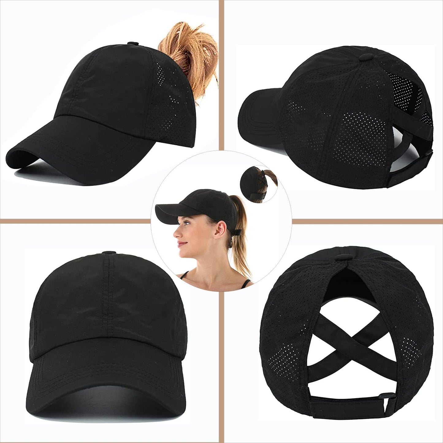 Queue de Cheval Casquette de Baseball, Léger Réglable Séchage Rapide Respirante Anti-Soleil UV, Unisexe Couleur Messy Casquette Cross Hat (Noir)