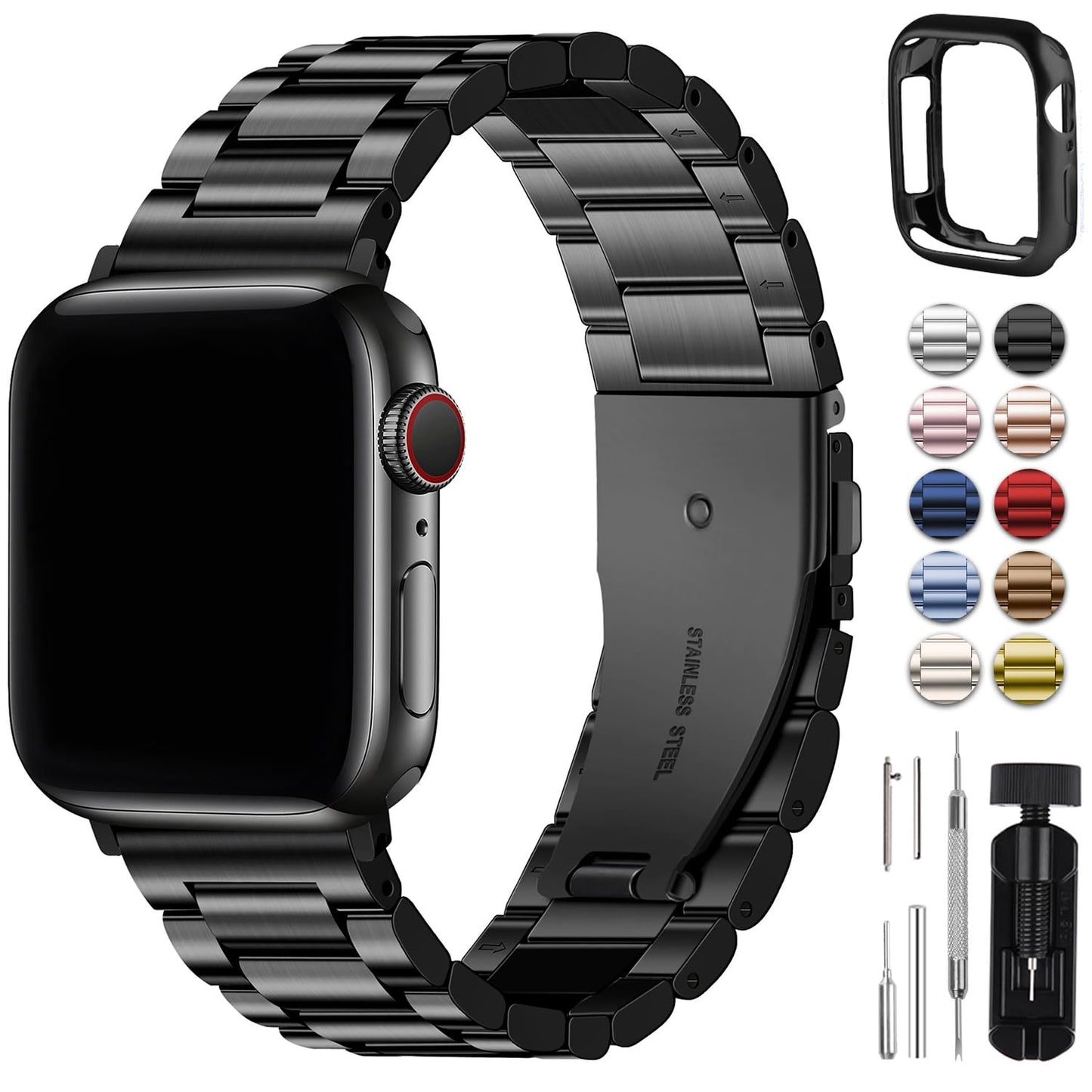 Fullmosa Compatible avec Bracelet Apple Watch 42mm/44mm/45mm en Acier INOX Compatible pour Bracelet apple watch Se Se 2 Series 9/8/7/6/5/4/3/2/1(Noir,42mm/44mm/45mm)