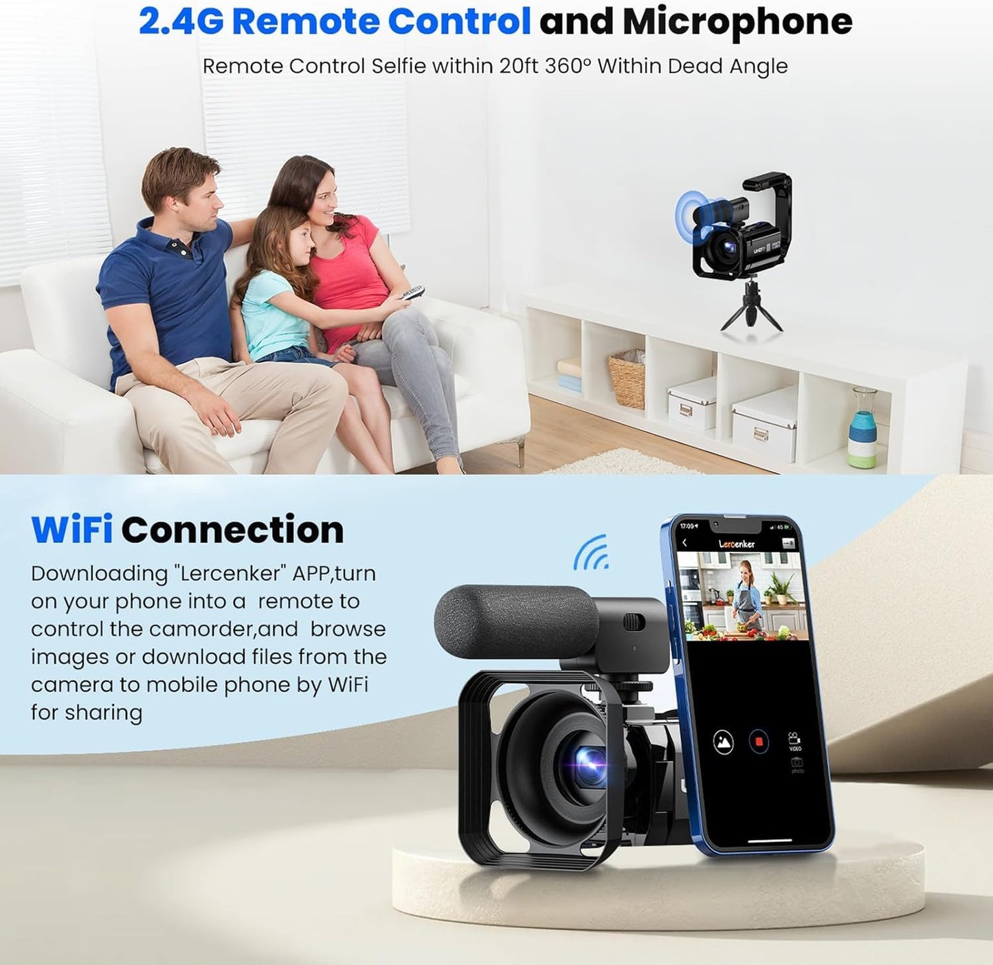 Caméra vidéo 5K Caméscope 56MP Double Objectif WiFi 16X Zoom 3.0" Écran Tactile Vlog Caméra pour Youtube Vision Nocturne IR Enregistreur vidéo avec 2 Piles,Carte 64 Go,Microphone,télécommande,trépied