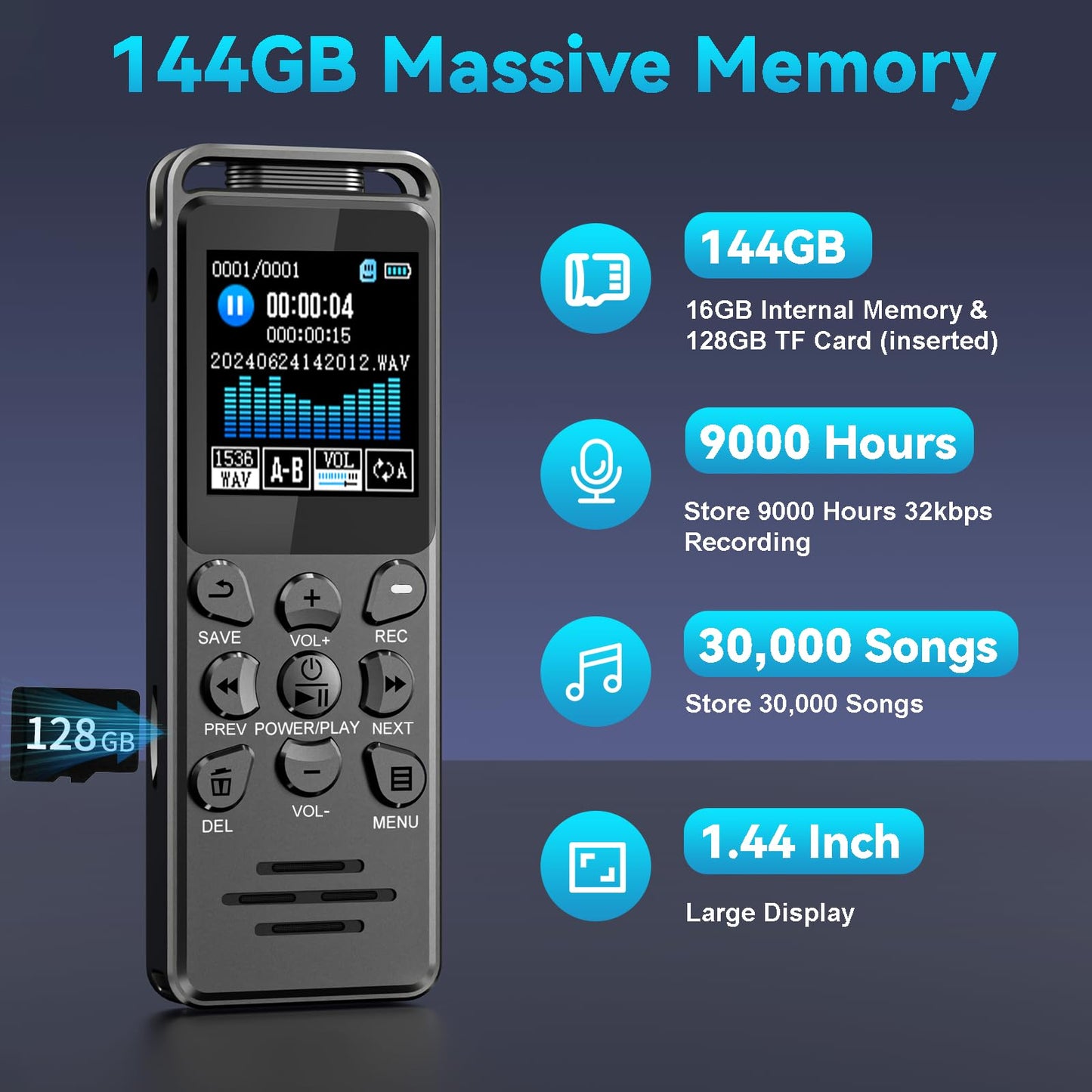 144GB 70H Dictaphone Enregistreur Vocal Numérique, Volorful 1,44" Écran Couleur Enregistreur Audio avec Activation Vocale, Lecteur MP3, USB-C Enregistreur de Voix avec Lecture pour Réunions Entretiens