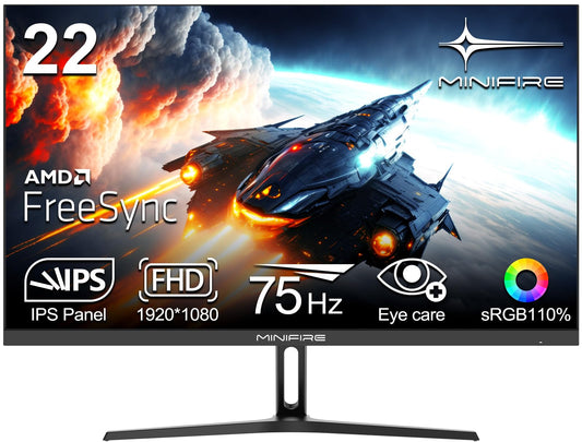 Minifire Écran PC Gaming 22 Pouces FHD (1920 x 1080), IPS, 75Hz, 5ms, 110% sRGB, Mode Faible lumière Bleue, Angle de Vision de 178°, Design de Mode Ultra Edge, Adaptive-Sync, VGA et HDMI -MF22F2