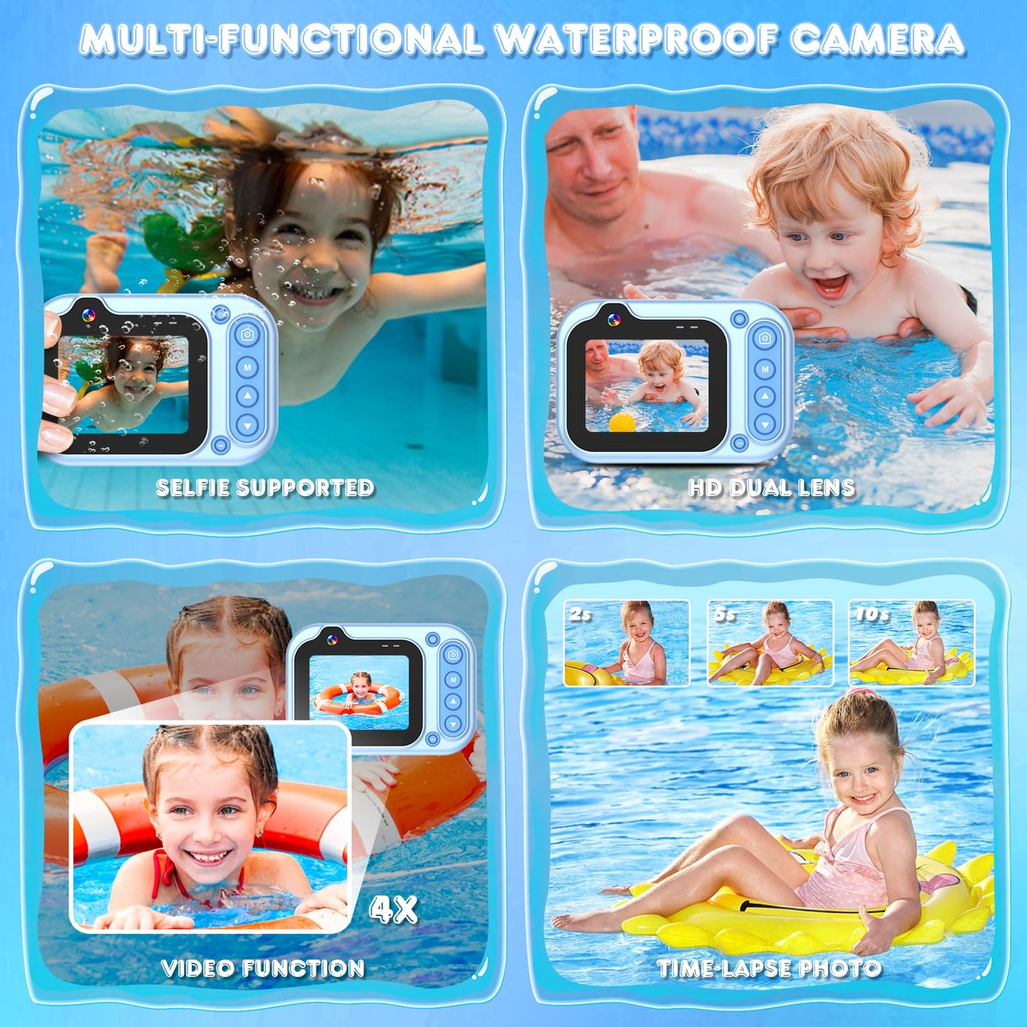 Appareil Photo pour Enfant Caméra étanche sous Marin Etanche 12MP 1080P Video Camera Waterproof Camera Aquatique 3M/10FT Appareil Photo Numériques pour Enfants avec Carte SD 32G, 2.4” LCD, 4X Zoom