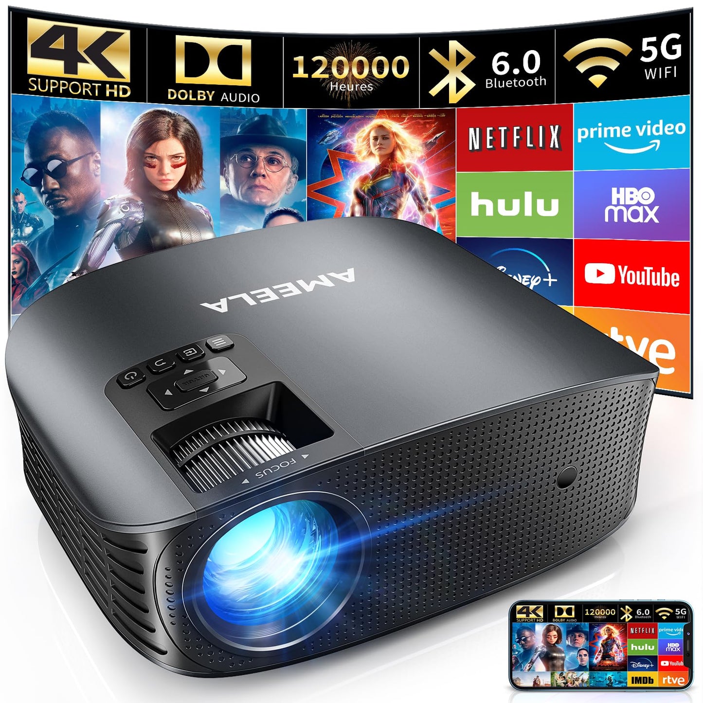 Projecteur, AMEELA 4K Vidéoprojecteur avec WiFi et Bluetooth, projecteur Full HD 1080P pour Home Cinéma Dolby Audio, Zoom 50%-100% / Affichage 300", Compatible avec Fire/TV Stick/iphone/PS5/Android