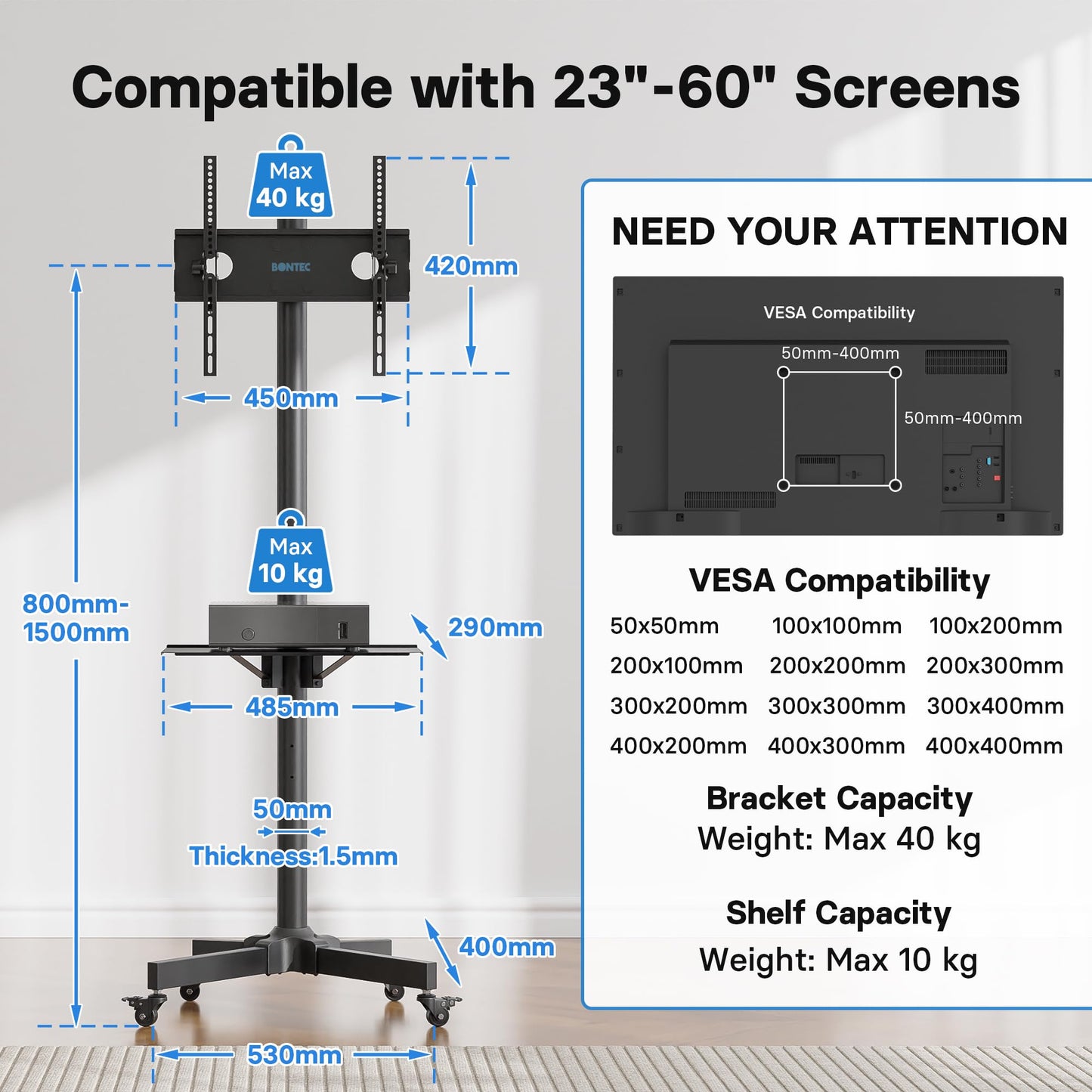 BONTEC Support TV roulettes Chariot Meuble TV pour Ecran de 23-60 Pouces Plasma/LCD/LED, Capacité 40kg, Hauteur Réglable de 800-1500 mm avec Plateau Solide - VESA Max 400x400 mm