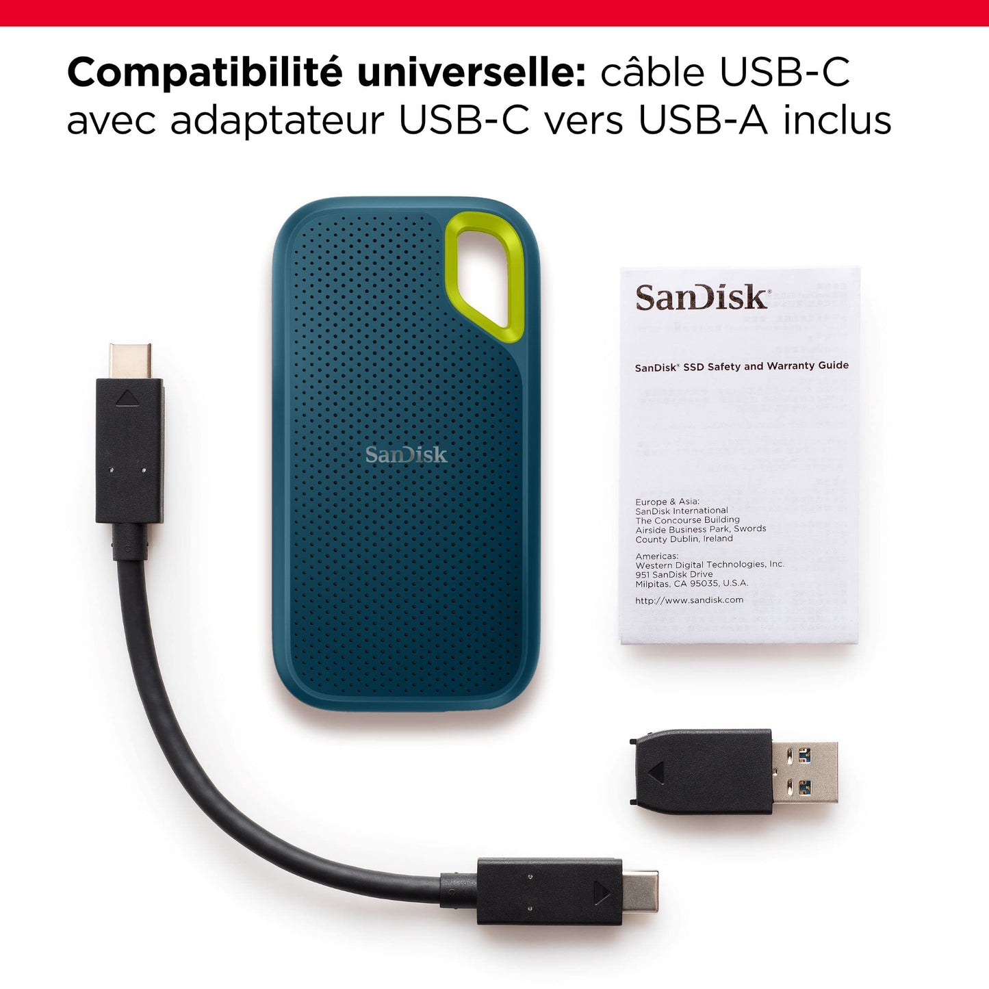 SanDisk Extreme Disque SSD Externe 2 To , Portable SSD, jusqu'à 1050 Mo/s en lecture, 1000 Mo/s en écriture, USB-C, Résistance à la poussière et à l'eau classée IP65, NVMe SSD, Monterey