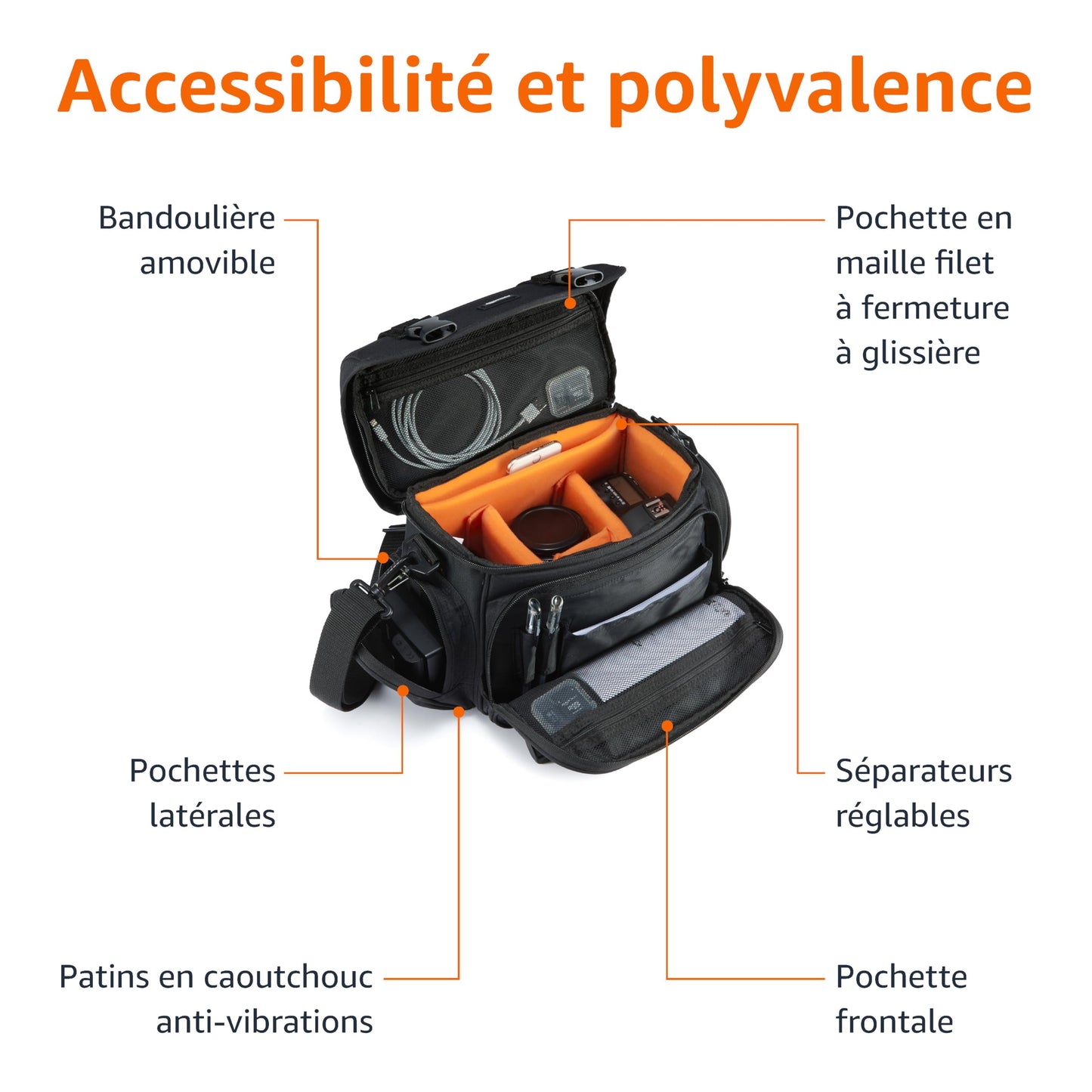 Amazon Basics - Sac à Épaule pour Appareil Photo SLR et Accessoires, Grand, Sangle Réglable, Imperméable, Antichoc, Uni, Taille L, Rembourré - Noir/Orange