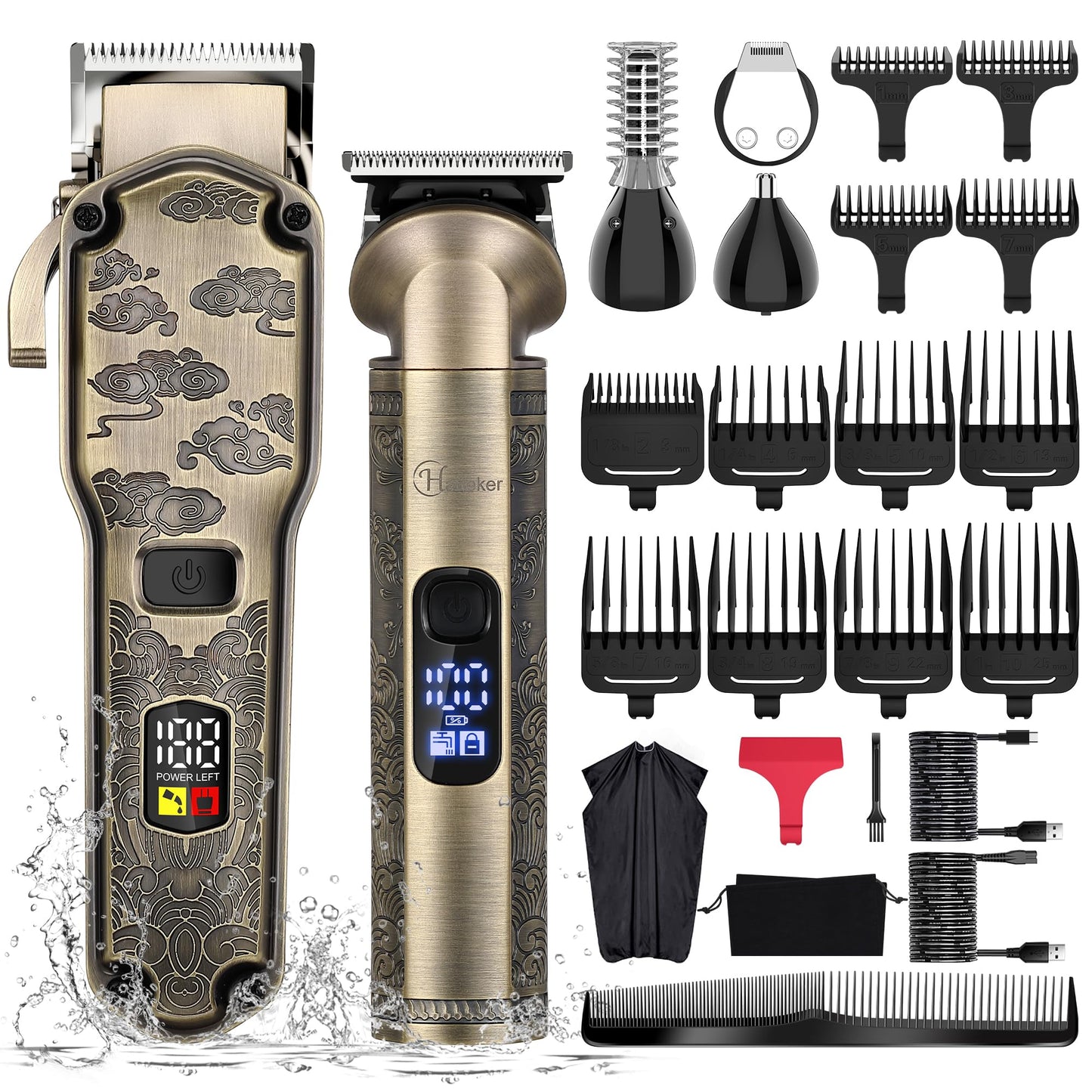 Hatteker Tondeuse à cheveux professionnelle pour hommes Set de tondeuses à barbe et à cheveux T-Blade Trimmer lavable Kit d'entretien sans fil Tondeuse à nez et à corps Tondeuse Cheveux et Barbe Set