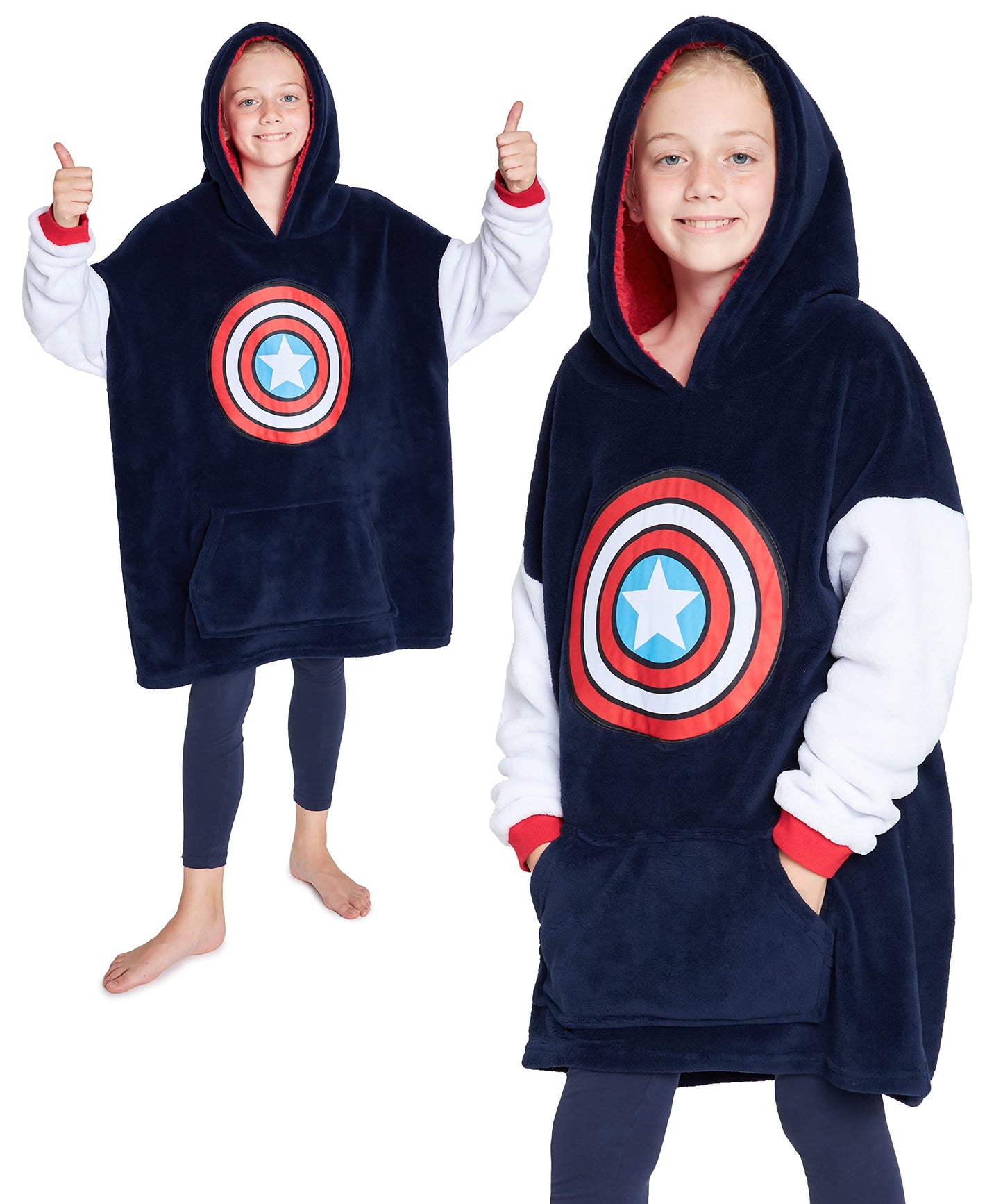 Marvel Spiderman Plaid Capuche Enfant Ado Couverture Polaire Portable Avengers Hulk Captain America Thor Hoodie Oversize Cadeau Garçon (Marine)