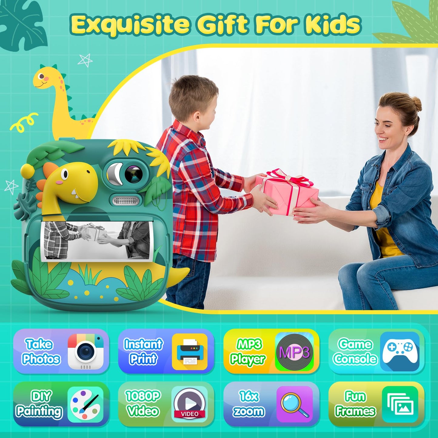 CAMCLID Appareil Photo Instantané Enfants, 12MP/1080P Appareils Photo Numérique Enfants avec Carte 32G et 3 Rouleaux de Papier, 2,4 Pouces Caméra Jouets Cadeau pour Garçons Filles 3-12 Ans