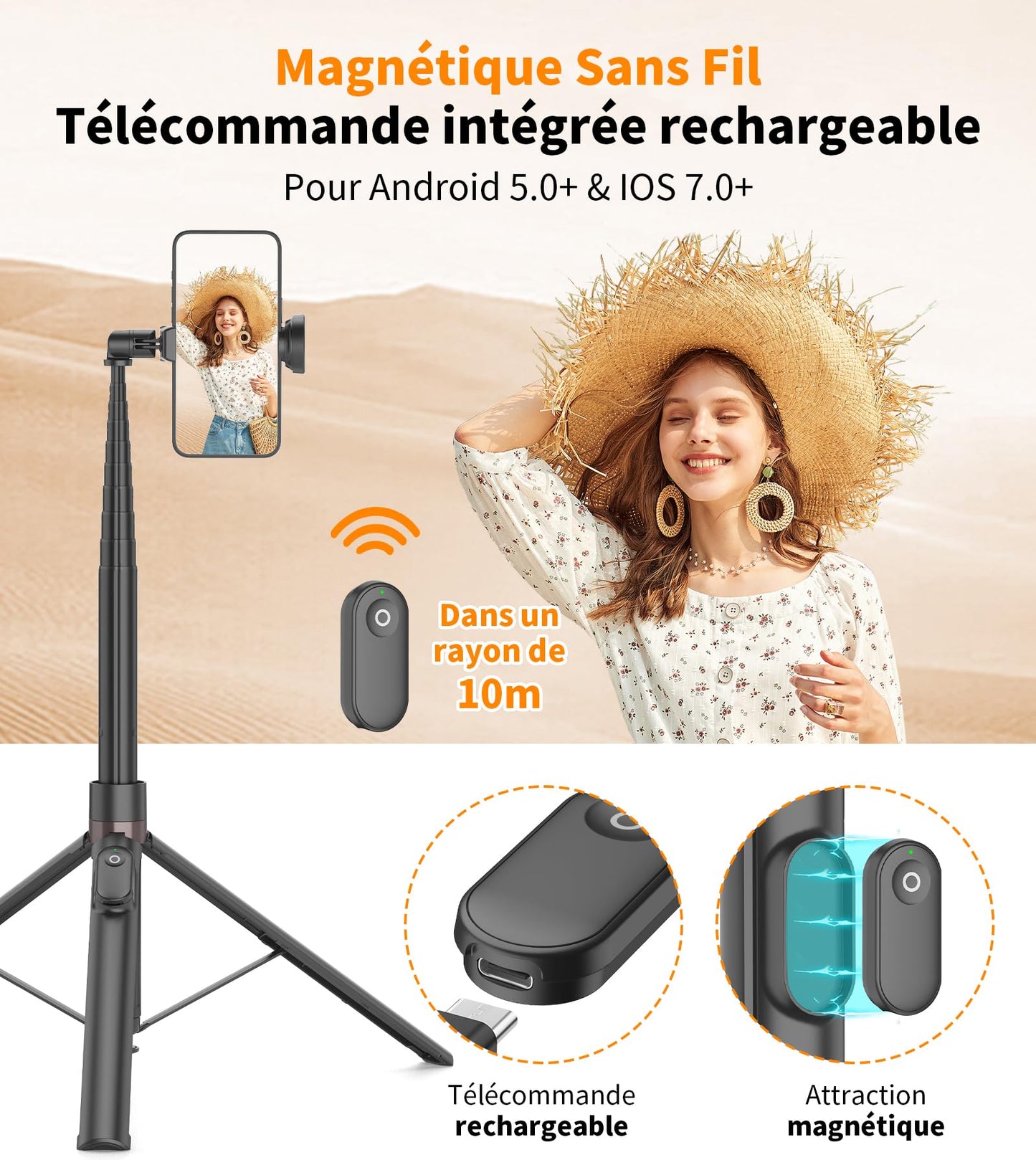 TONEOF 168cm Perche Selfie Trépied à Ouverture Automatique, Trépied Téléphone avec Télécommande Magnétique Rechargeable,Support Rotatif à 360° à 2 Axes,Trépied Stable pour iPhone/Android-Noir