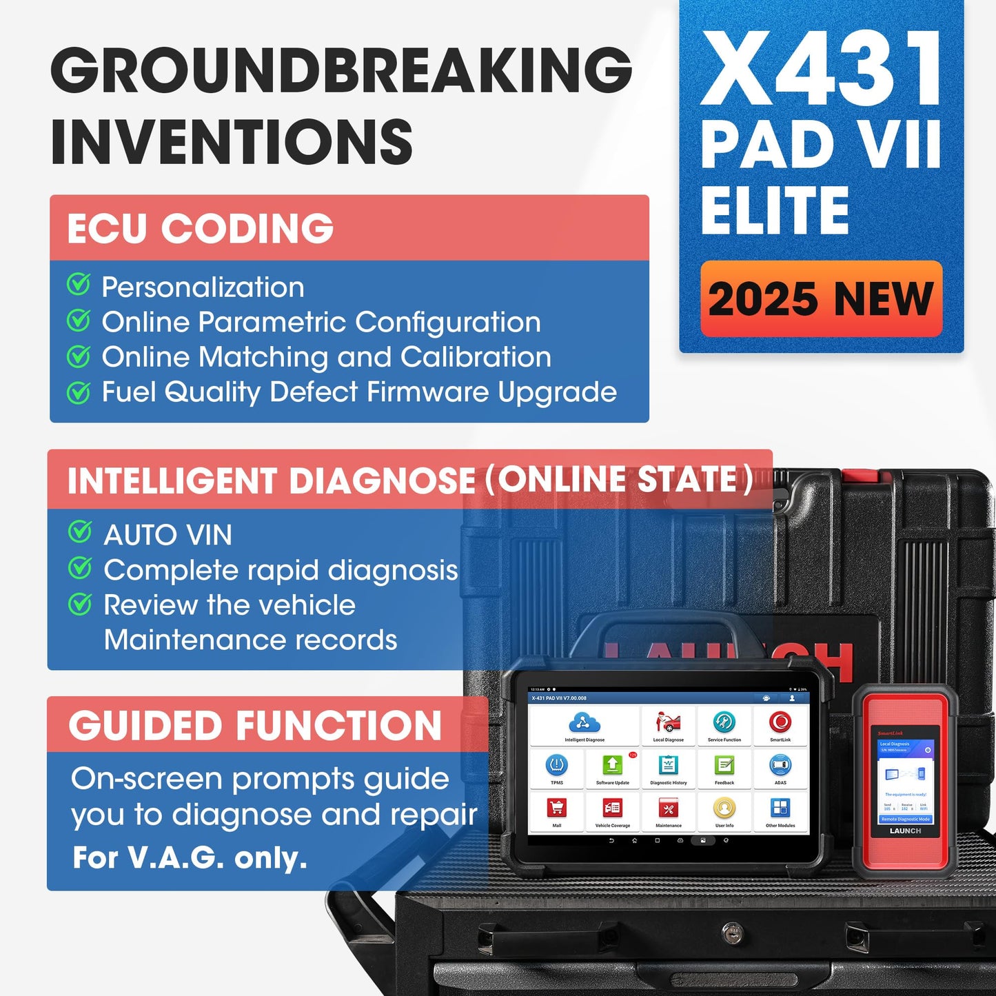 LAUNCH X431 Pad VII, Outil de reprogrammation J2534, Codage ECU en Ligne, Scanner de Diagnostic topologique, Mise à Jour X431 PAD3/ V+, 50+ Services, contrôle bi-directionnel, 2-Year Free Update