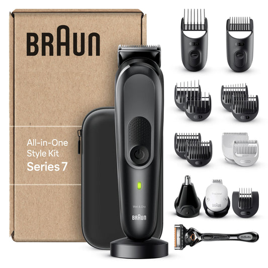 Braun Tondeuse Tout-En-Un Series 7 MGK7470, 17-en-1, Kit Styling Pour Hommes, Barbe, Cheveux Et Plus, Rasage Du Corps Avec Une Lame Ultra Affutée, Sabots Pour Sourcils Et Zones Sensibles, Étanche