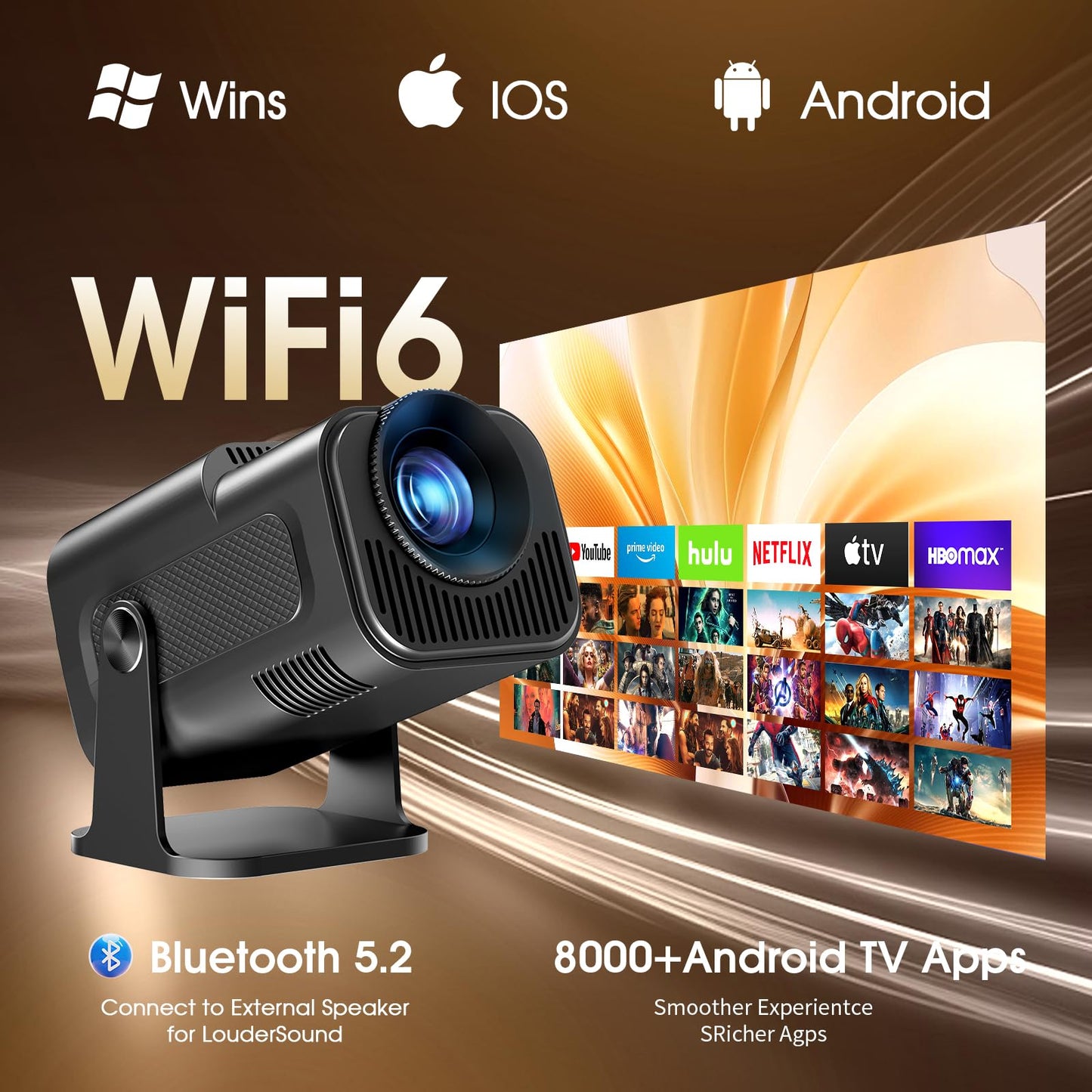 [App intégrée] 2025 Upgraded Vidéoprojecteur 1920 * 1080P FHD 4K Mini Projecteur Portable Dual Contrôle avec Souris Android TV WiFi 6 BT5.2 180° Rotation HDMI/TV Stick/USB/PS5, avec HDMI et Souris