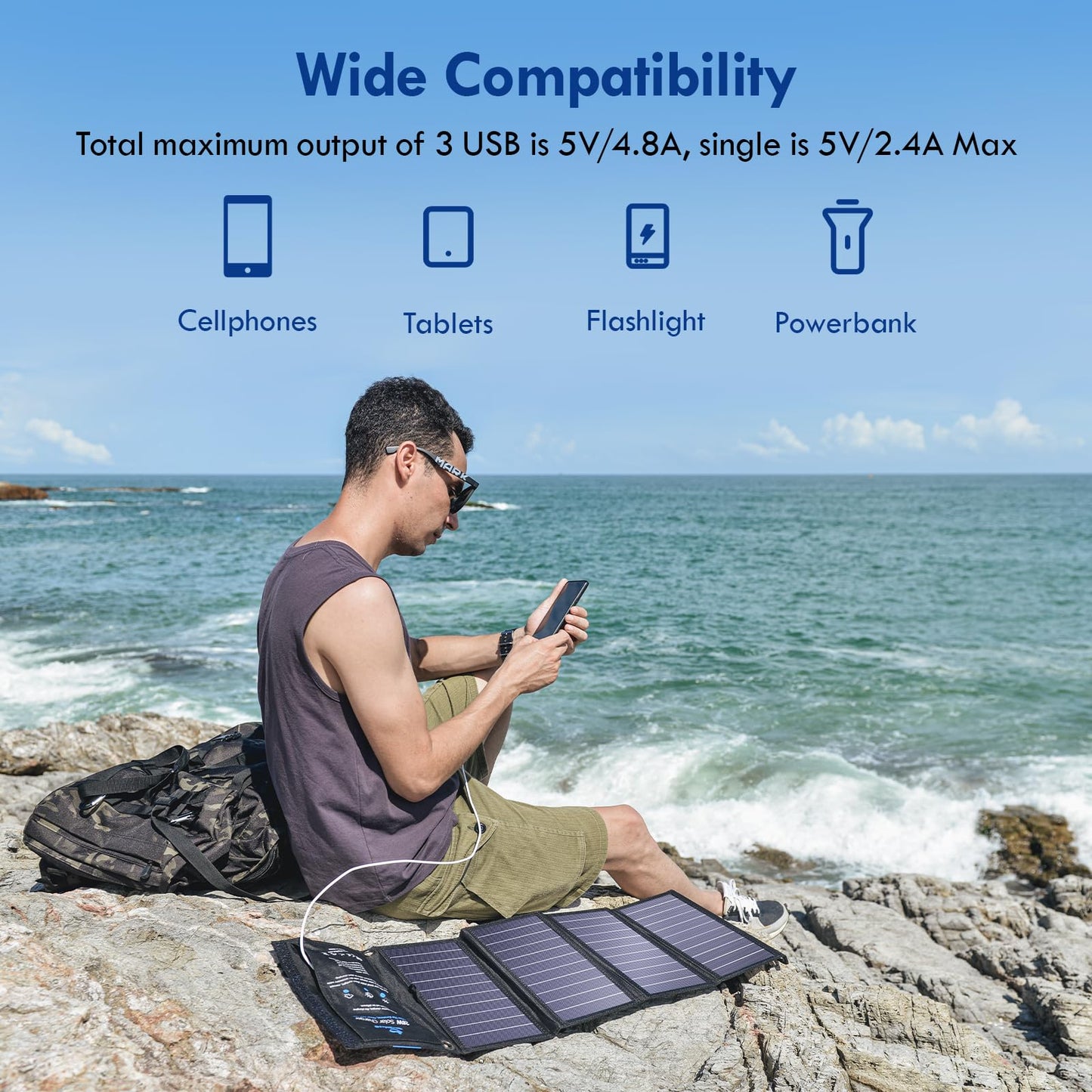 BigBlue 28W Chargeur Solaire Pliable avec 3 USB Ports(5V/4,8A au Total) Panneau Solaire Portable et Imperméable + 4 Crochets en Acier Compatible avec iPhone 15/14/ 13/12, iPad, Samsung Galaxy