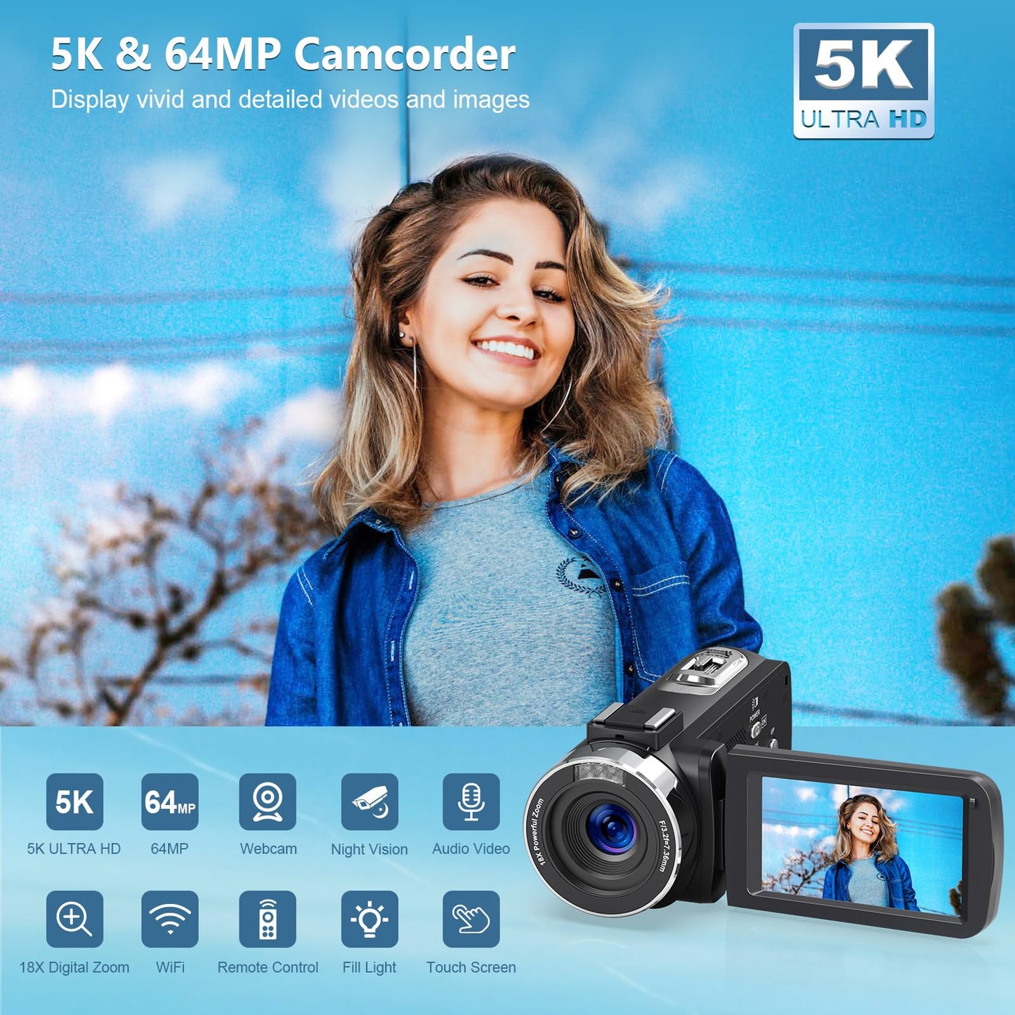 Caméscope 5K 64MP Caméra Vidéo Zoom Numérique 18X WiFi Webcam,à Vision Nocturne IR Caméra pour Youtube,30FPS Vlogging Caméra de à Écran Tactile HD 3" avec 2 Piles,Microphone,Télécommande 2,4G,Carte SD