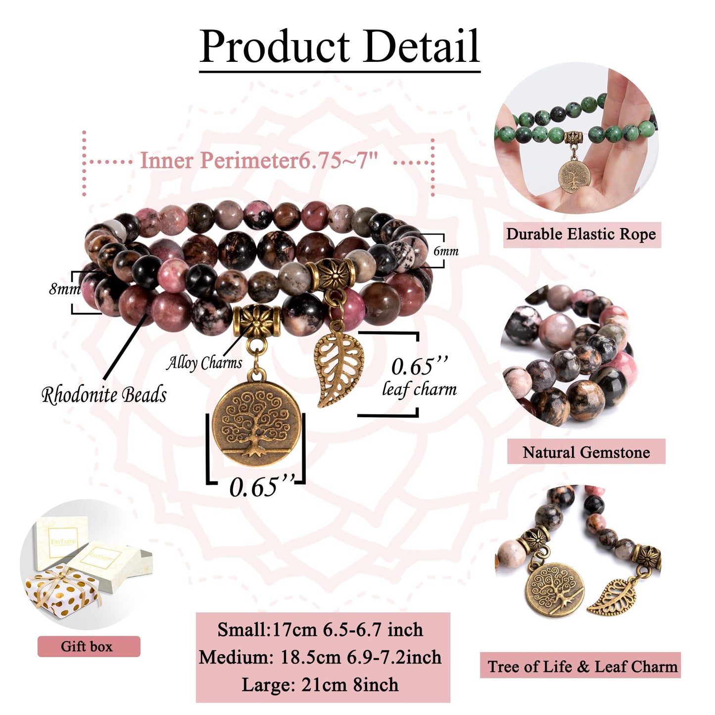 Farfume Bracelet En Pierre Naturelle - Bracelet Perles Naturelles Femme-Ensemble De Deux Bracelets Avec Accessoires Arbre De Vie Et Feuille(Moyen 18,5 cm Perles de Rhodonite (Pardon))