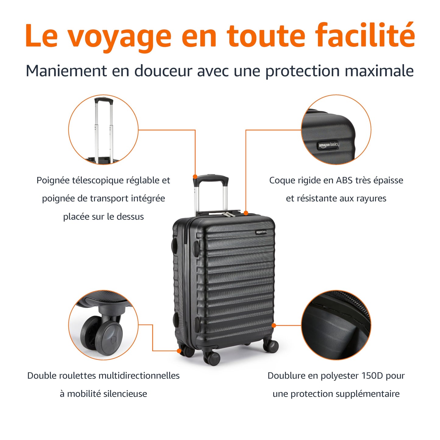 Amazon Basics Bagage à roulettes rigide- 55 cm Taille cabine, Noir Approuvé pour Ryanair et la plupart des compagnies low cost