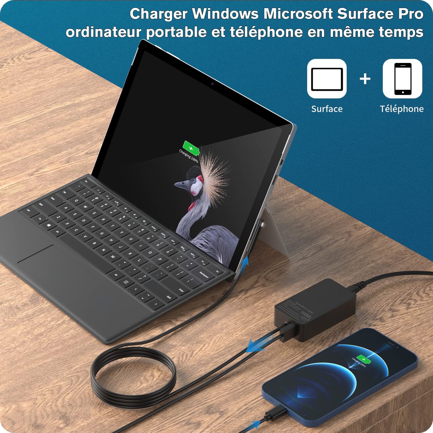 Chargeur Microsoft Surface,65W Chargeur Surface pour Surface Pro 3/4/5/6/7/7+/8/9, Surface Laptop 1/2/3/4/5/6, Surface Book 1/2/3, Surface Go 2/Go3/Go4, Surface Laptop Go 2/3/4, Surface Laptop Studio