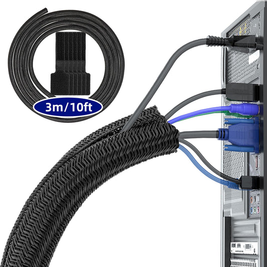 Gaine Cable Informatique 3 Mètre Φ12-20mm Souple Ajustable, Range Gestion des Câbles Rangement Tressée Fendue en PET, Protection du cache-câbles pour Câbles automobiles/Télé/Ordinateur