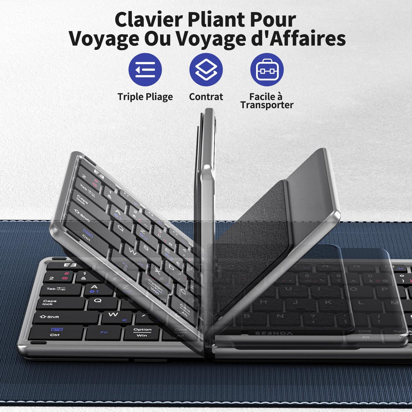 seenda Clavier Bluetooth Pliable - Mini Portable Clavier sans Fil avec Pavé Numérique,AZERTY,Rechargeable,Pleine-Taille, pour Windows iOS Android Tablette iPad - Noir