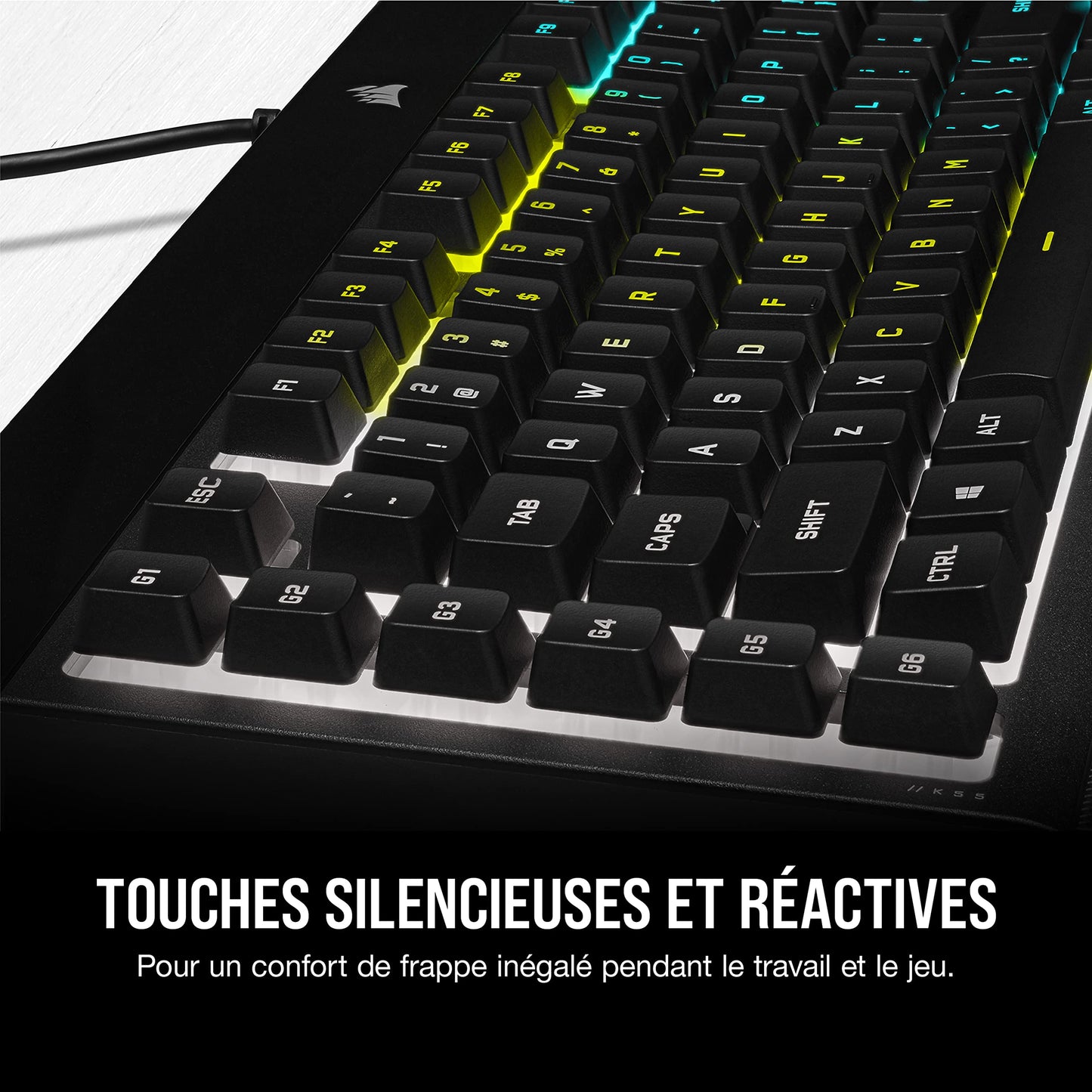 CORSAIR K55 RGB PRO Clavier de Jeu Filaire à Membrane – IP42 Résistant à la Poussière et Aux éclaboussures – 6 Touches Macro Intégration Elgato – Compatible iCUE – AZERTY FR – PC, Mac, Xbox – Noir