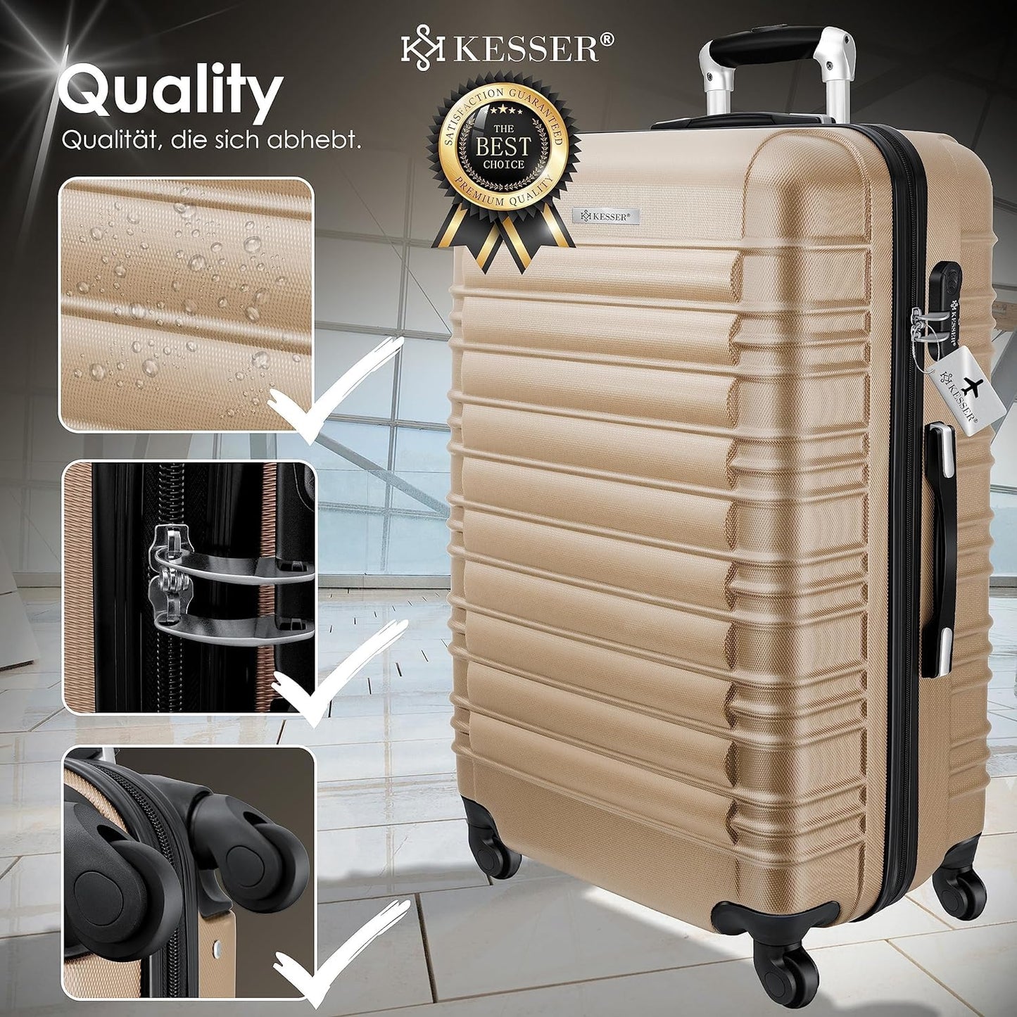 KESSER® Valise de voyage rigide avec pèse-bagage + étiquette à bagages trolley valise à roulettes valise à roulettes valise à combinaison 4 roulettes ABS rigide poignée télescopique, champagne, 75cm –