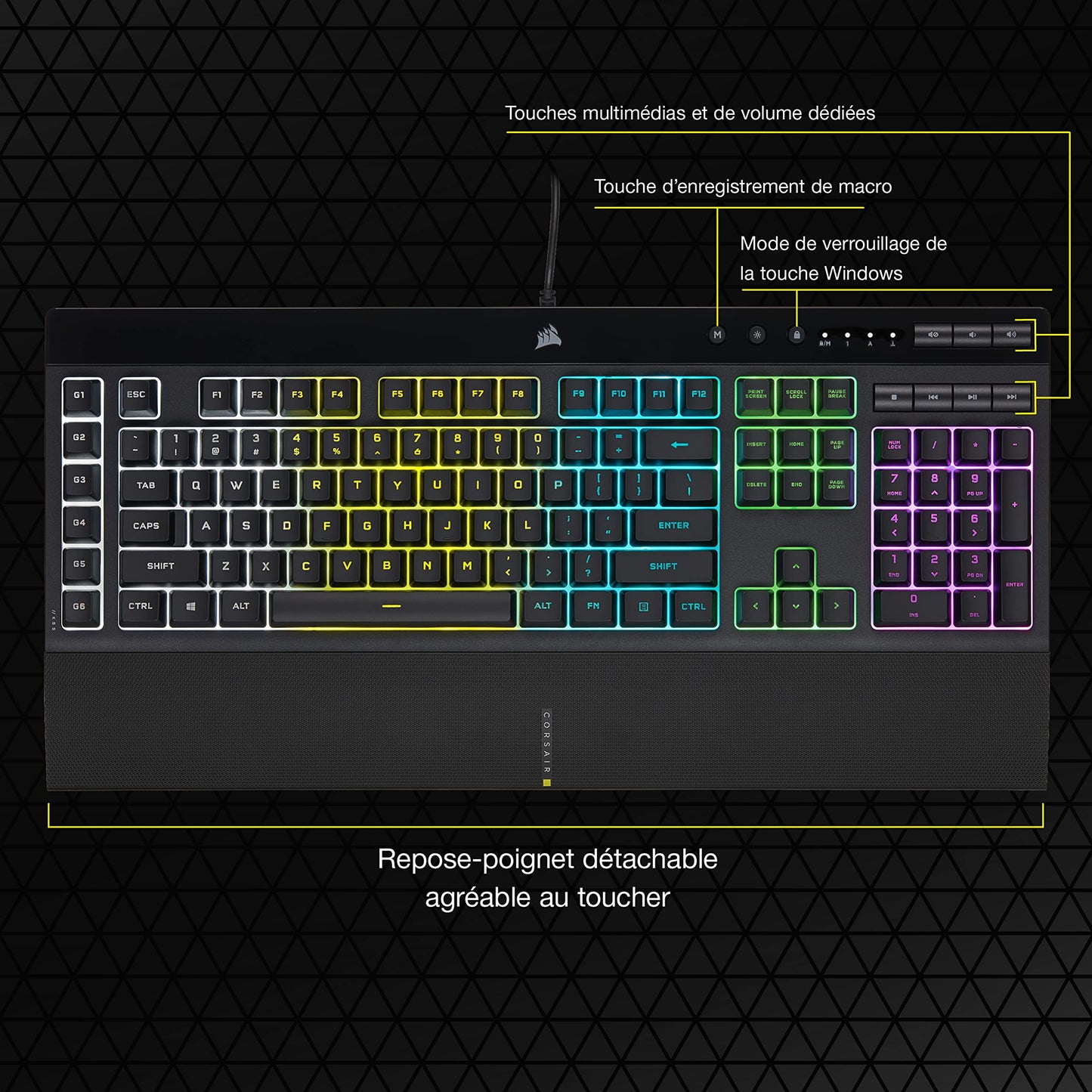 CORSAIR K55 RGB PRO Clavier de Jeu Filaire à Membrane – IP42 Résistant à la Poussière et Aux éclaboussures – 6 Touches Macro Intégration Elgato – Compatible iCUE – AZERTY FR – PC, Mac, Xbox – Noir