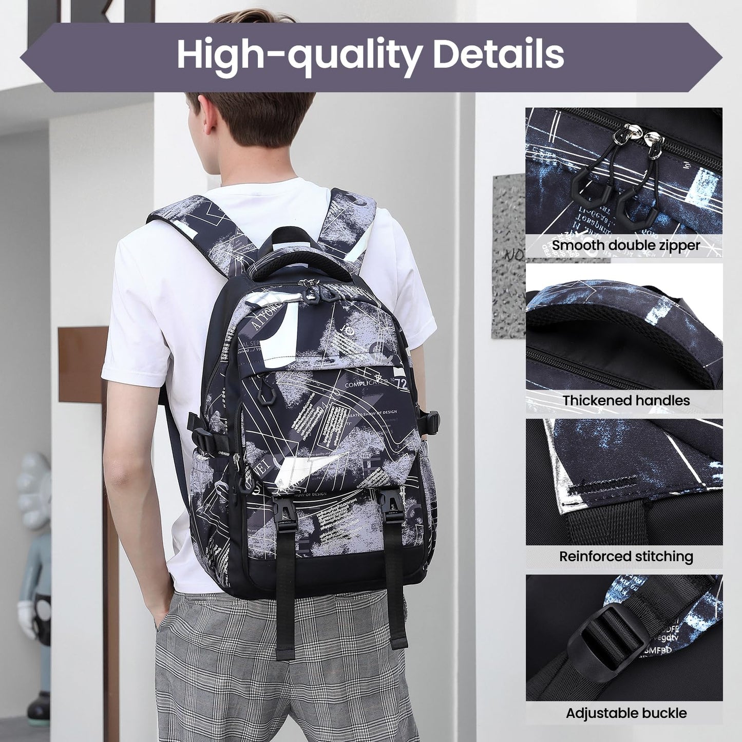 IvyH Sac à Dos pour Enfant Adolescents, Sac d'école Léger et Imperméable, Cartable Tendance pour Garçon et Fille de 9-18 ans, Idéal pour Primaire, Collège et Voyage -Noir