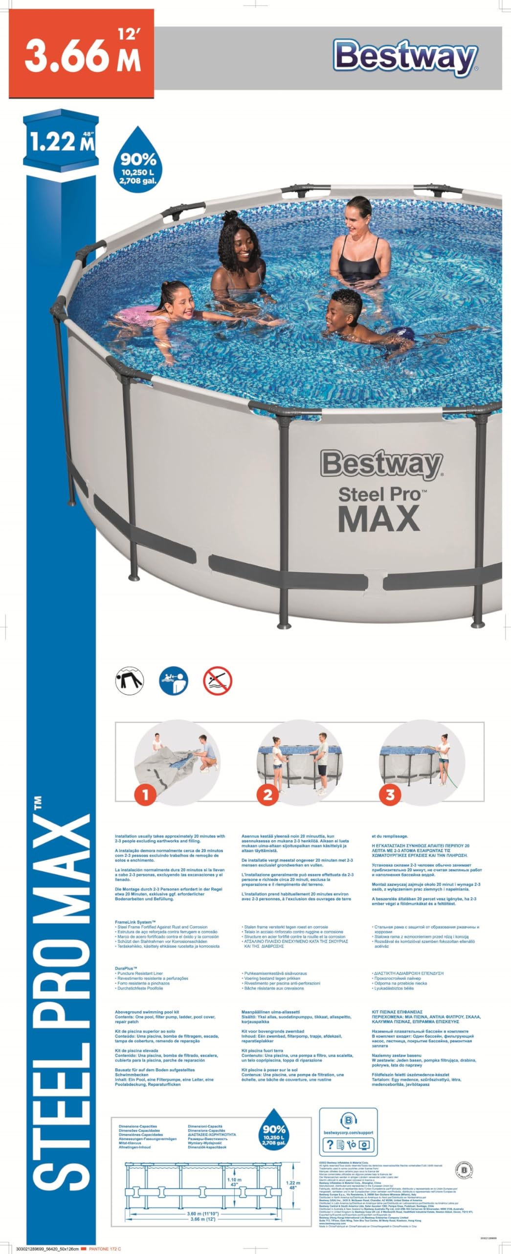 Bestway 56420-3 Set Piscine Hors Terre Steel Pro Max Rond de 366 x 122 cm