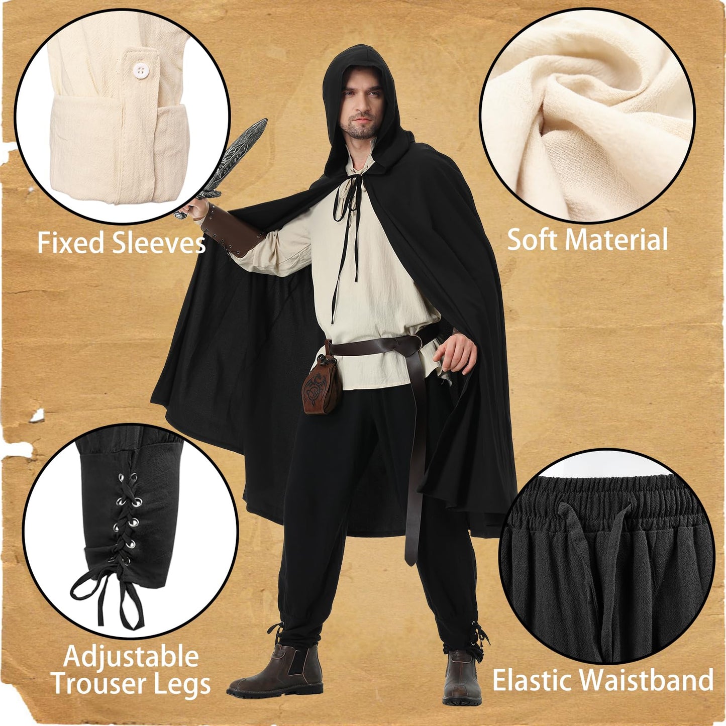 Dzorim 9Pcs Costume Medieval Homme Vêtements Médiévaux Costume pour Hommes Deguisement Medieval Viking Pirate Homme Costumes Renaissance pour Hommes avec Chemise, Pantalon