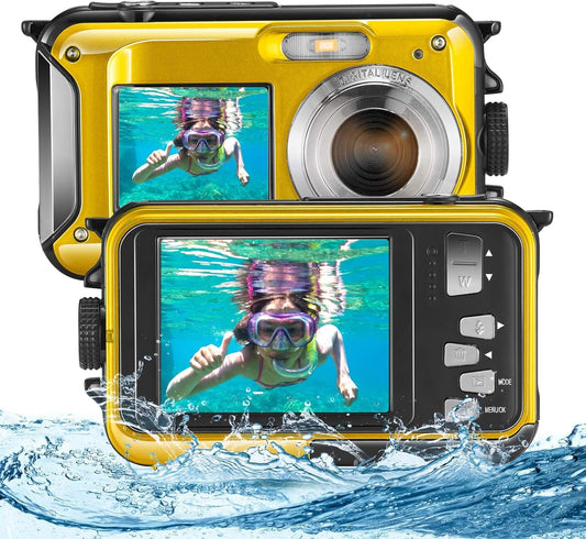 Helangel Appareil Photo Etanche Numérique,Full HD 2.7K 48MP Caméra sous-Marine Zoom Digital 16x Camera Etanche avec Double écran Caméra pour Adolescents Élèves Débutants Jaune