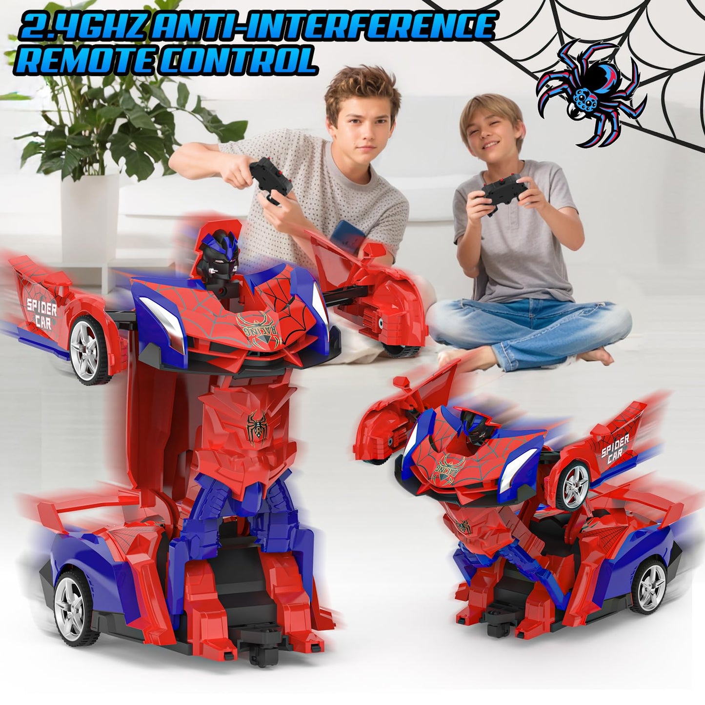 Voiture Télécommandée Spider Jouet Enfant 3 4 5 6 7 8 9+ Ans, 2 en 1 Transformable Radiocommande Voiture RC Robots, 360°Rotation Voiture de Course Jeux Extérieur Fille Garcon Cadeau Anniversaire Noël