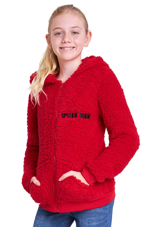 Marvel Spiderman Sweat à Capuche Garçon, Zippé Veste Polaire Chaud en Sherpa, Sweat Plaid Enfant avec Poches, Cadeau pour Enfant (Rouge, 5-6 Ans)